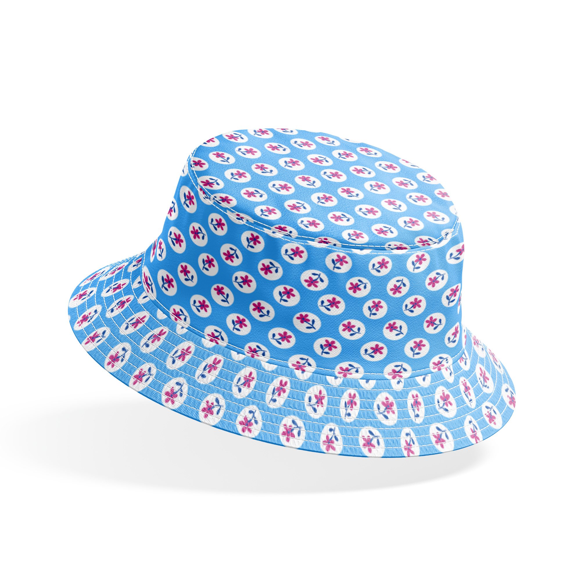Purple flowers with blue stems inside white circles on light blue background pattern bucket hat mockup