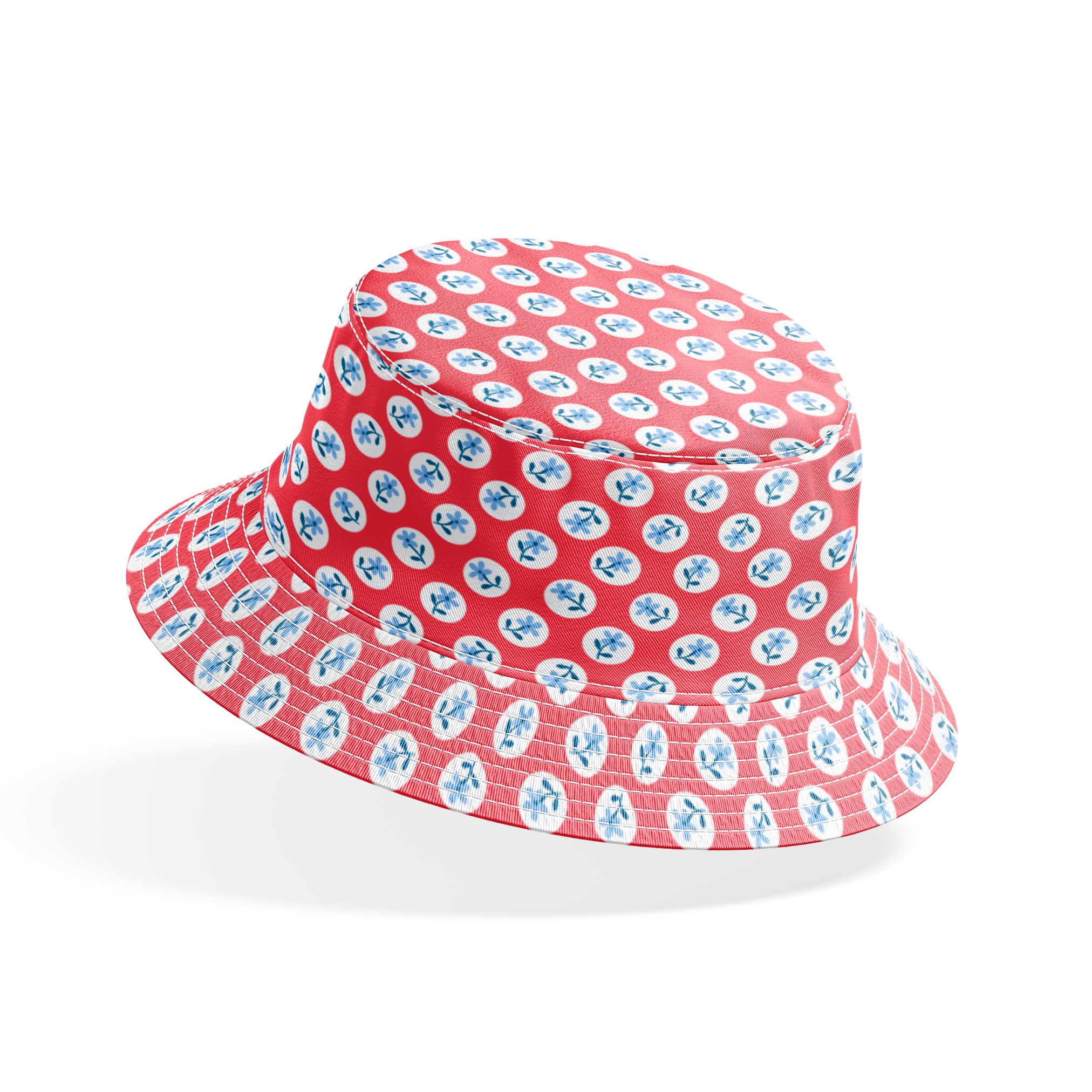 Coral pink background with white circles containing light blue floral designs arranged in a pattern bucket hat mockup