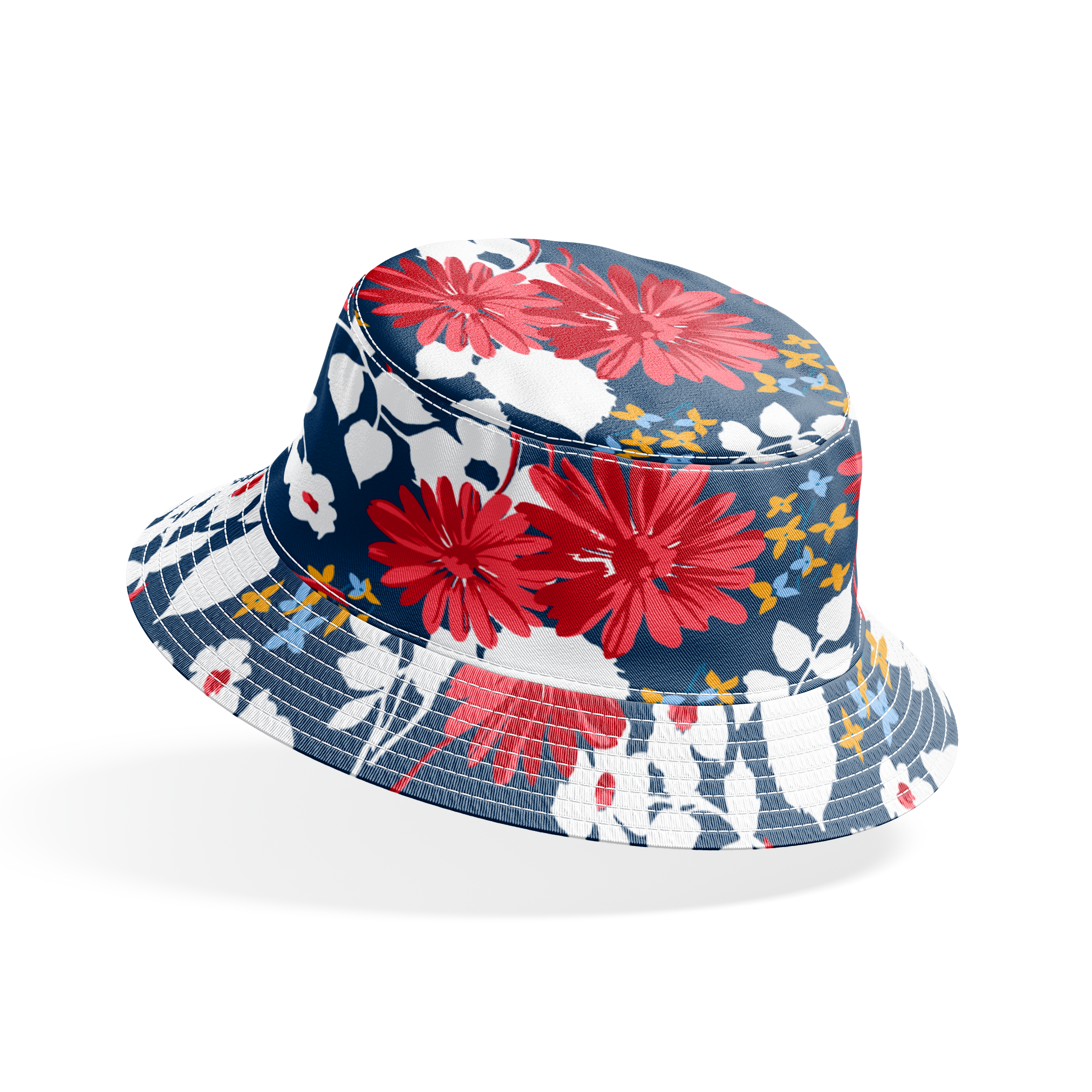 Vibrant floral pattern with red daisies and white flowers on navy background with small gold stars bucket hat mockup