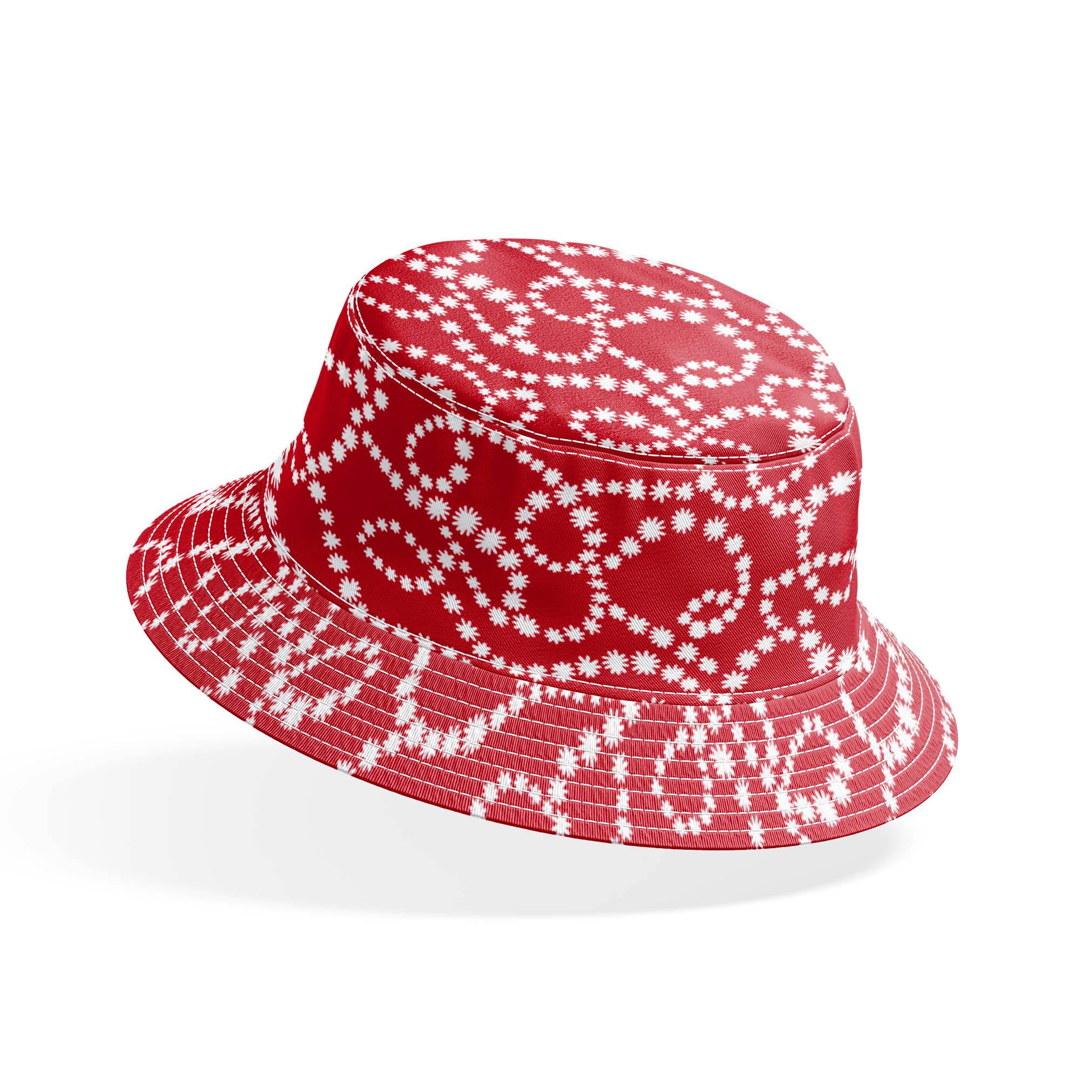 White dotted swirl pattern on rich red background creating decorative curving lines bucket hat mockup