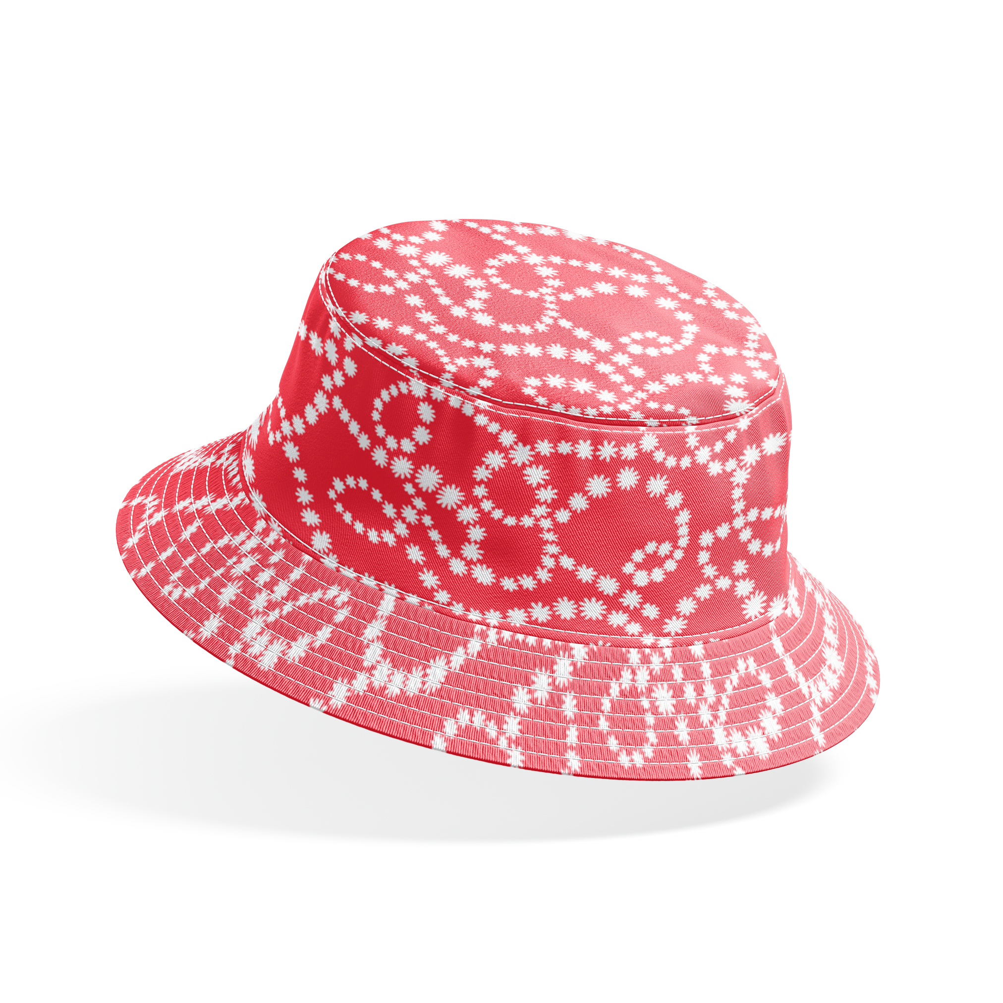 White dot patterns forming swirling chains on coral pink background bucket hat mockup