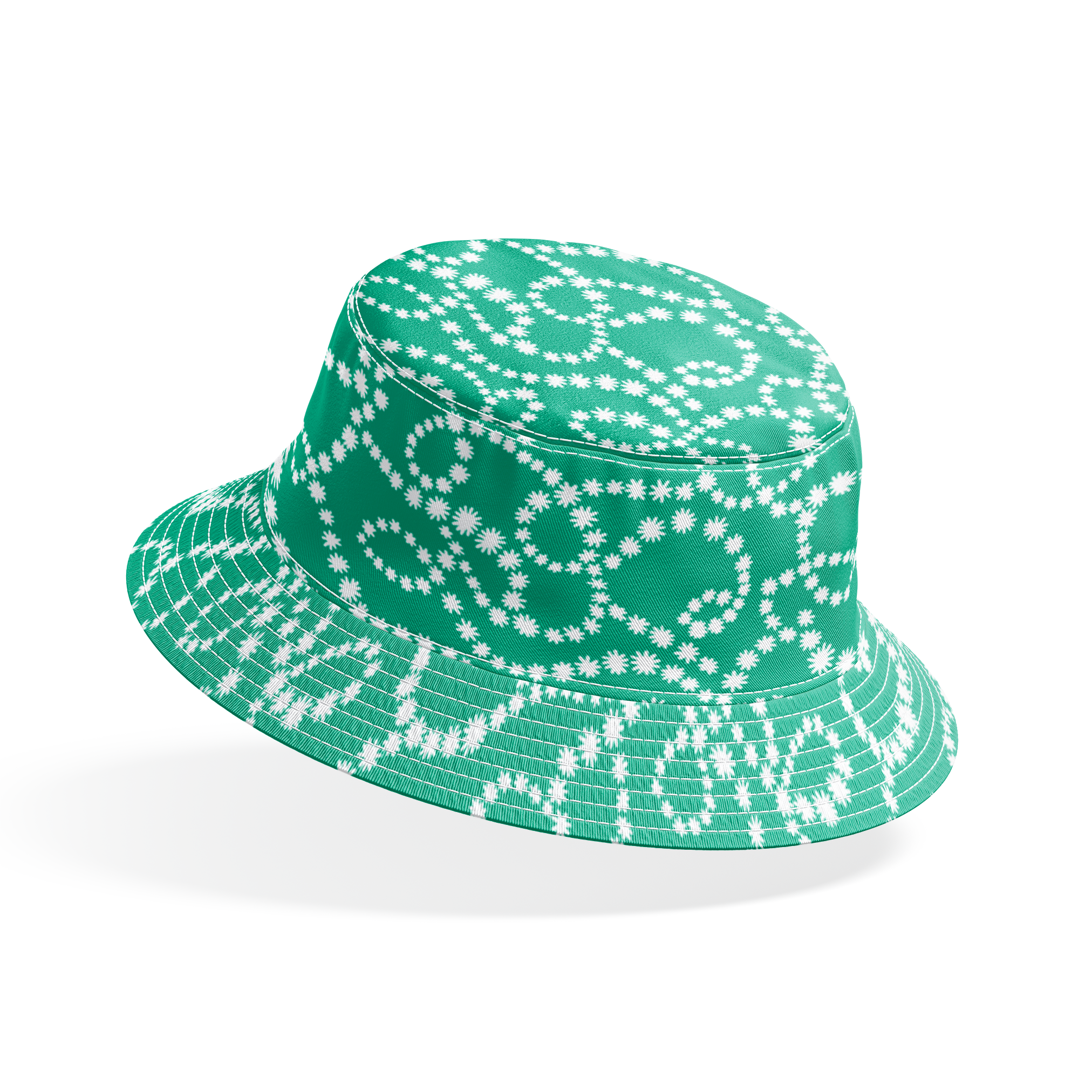 White dotted swirling patterns on green background forming abstract curving lines bucket hat mockup