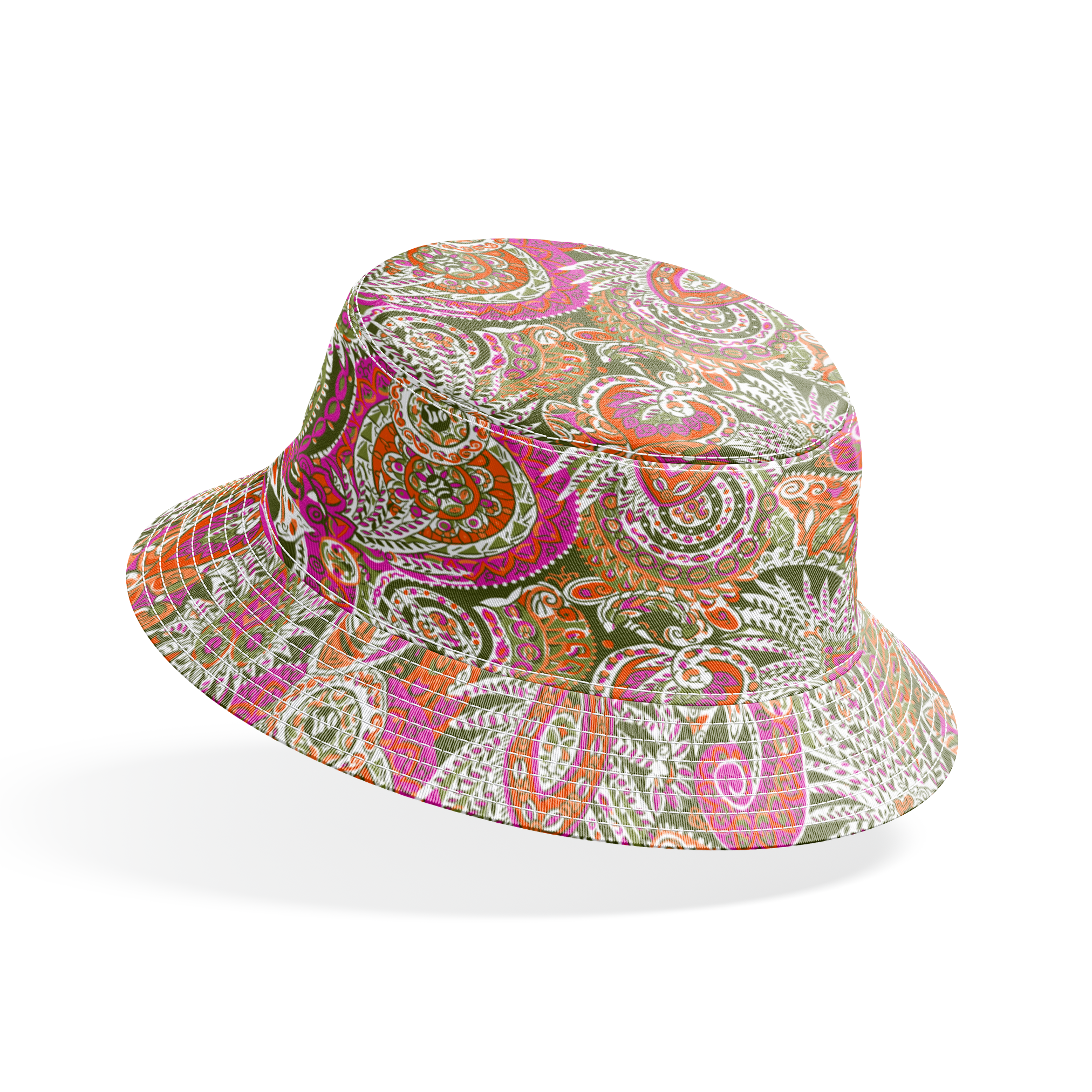 Vibrant paisley pattern with swirling designs in pink, orange, yellow and white on textured background bucket hat mockup