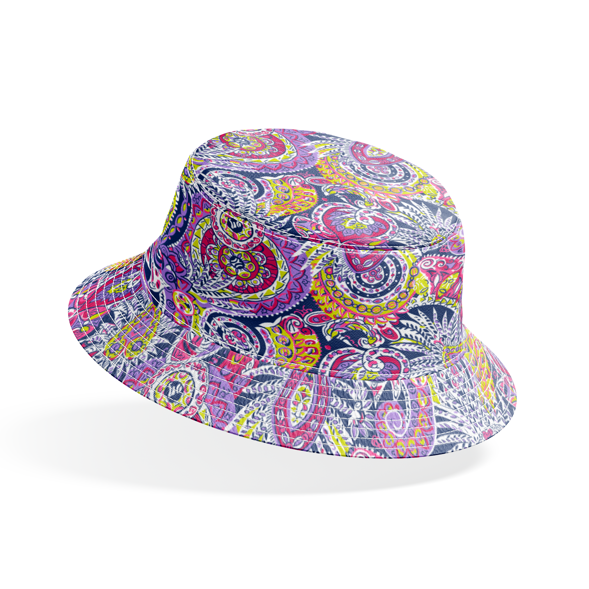 Vibrant paisley pattern in pink, purple, yellow, and blue with intricate swirling designs bucket hat mockup