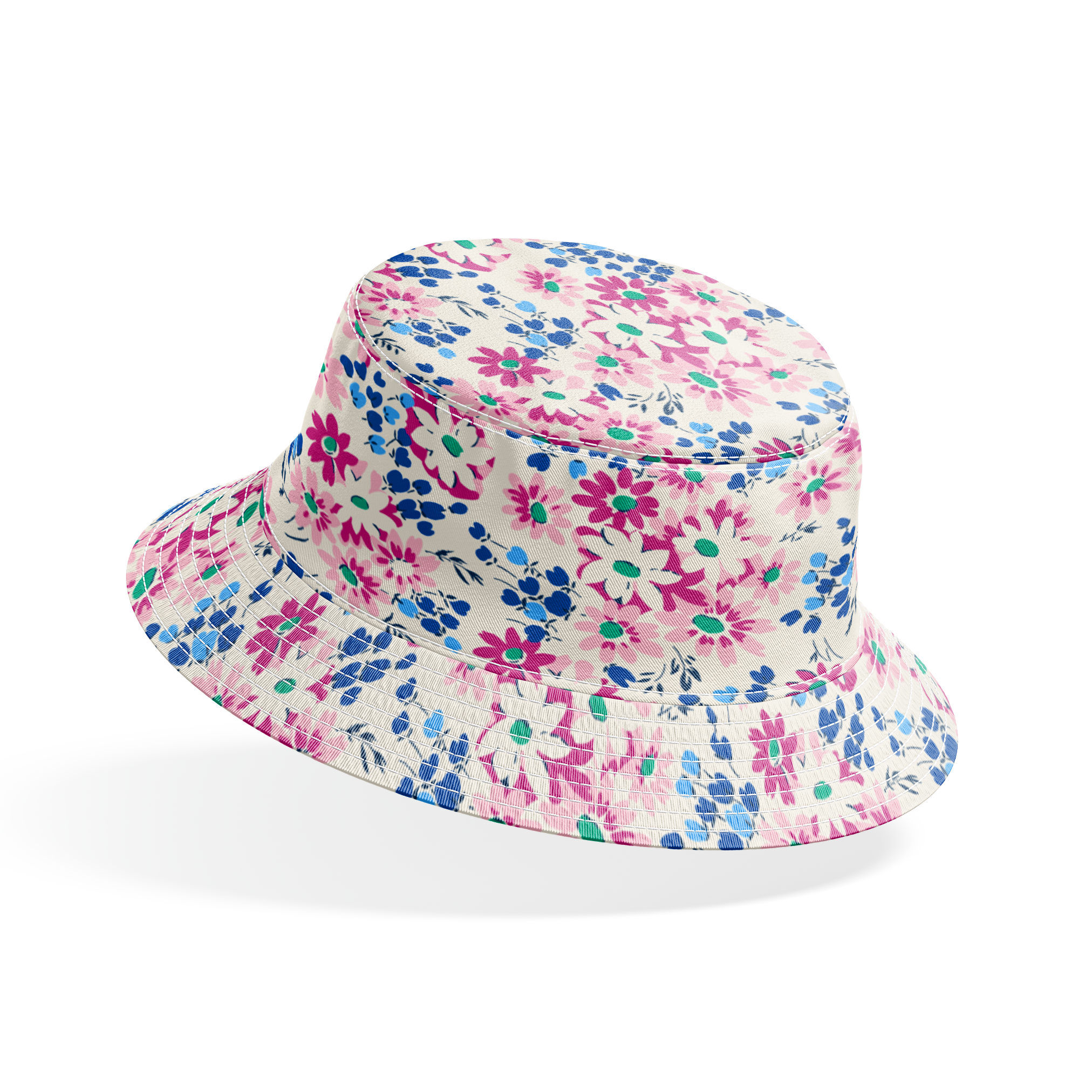 Colorful floral pattern with pink and magenta daisies, blue berries, and green accents on cream background bucket hat mockup