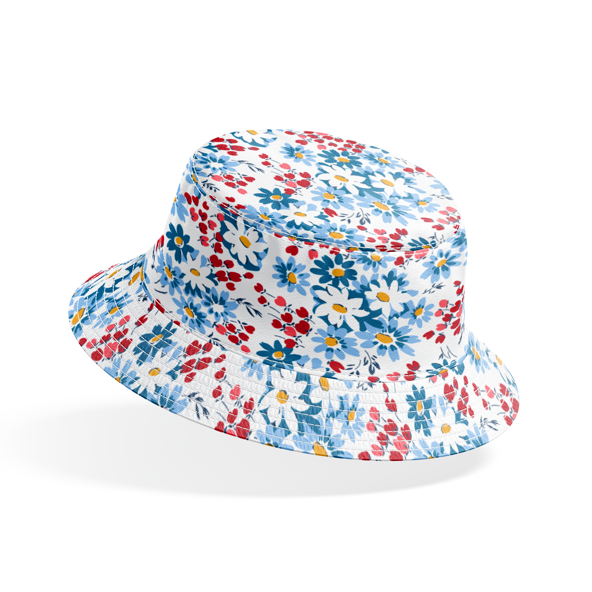 Blue and white daisies with small red berries scattered across a light background in a floral pattern bucket hat mockup