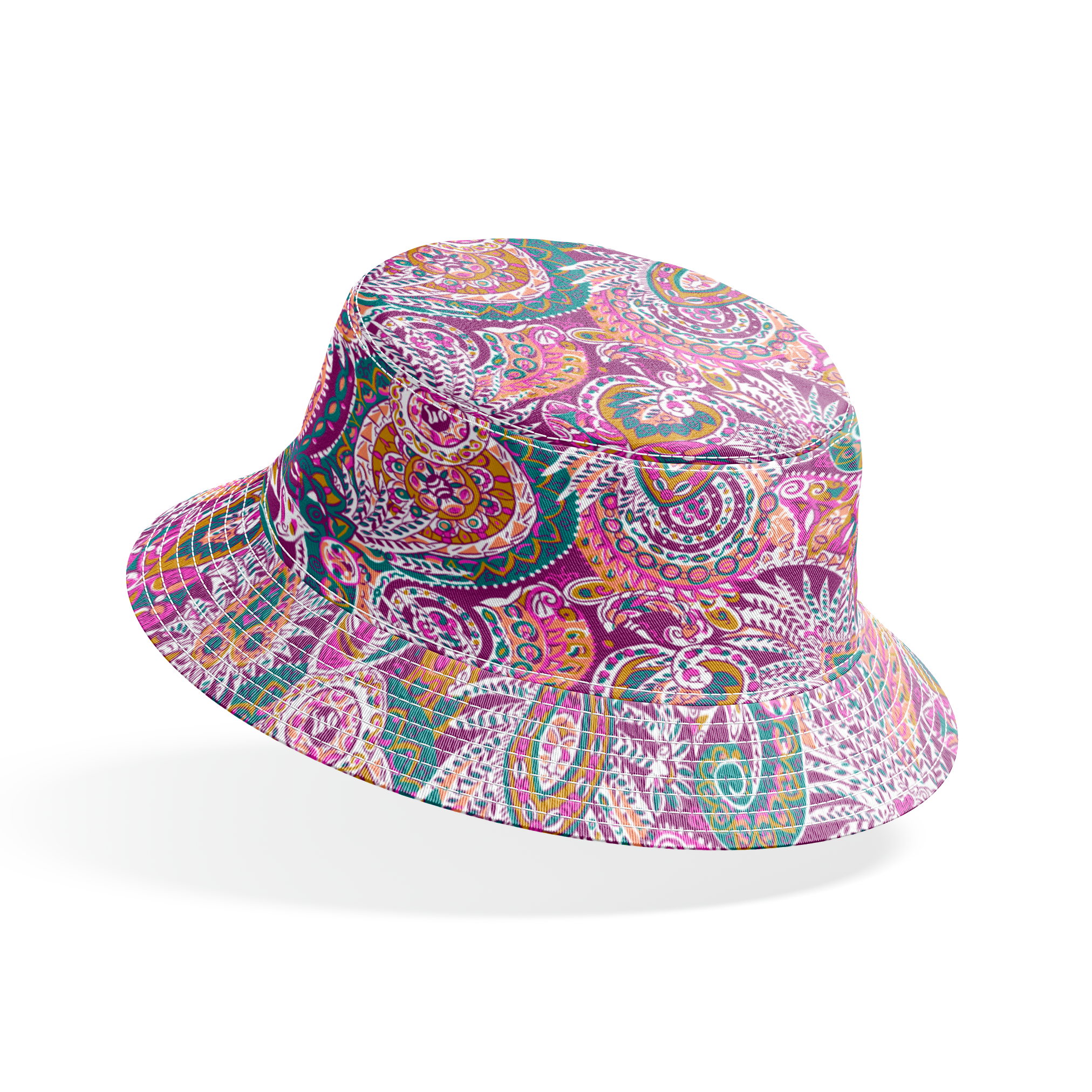 Colorful paisley pattern with intricate swirls in purple, pink, orange, and teal tones bucket hat mockup