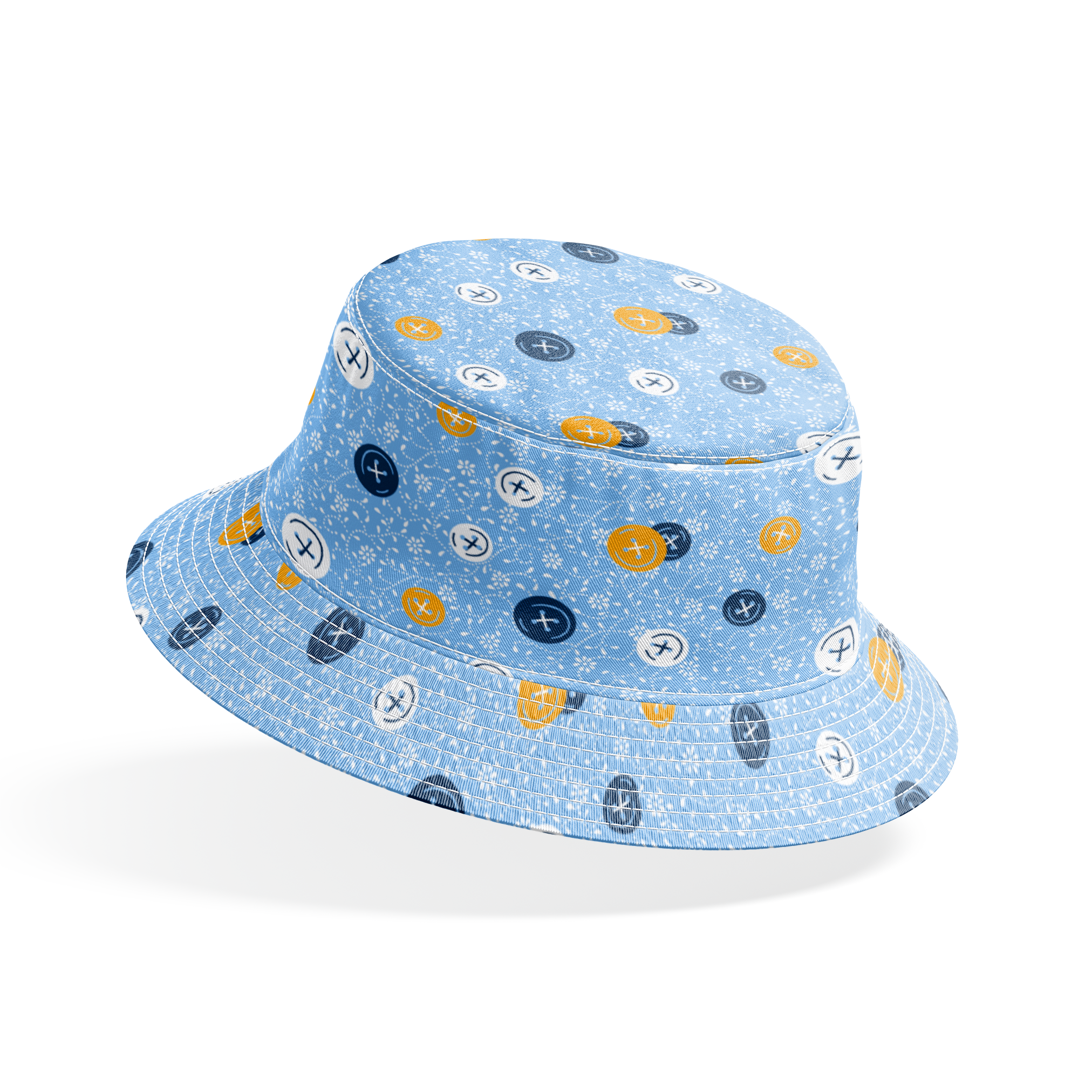 Blue background with scattered circular buttons in white, navy, and gold, each featuring cross designs, on a floral pattern. bucket hat mockup