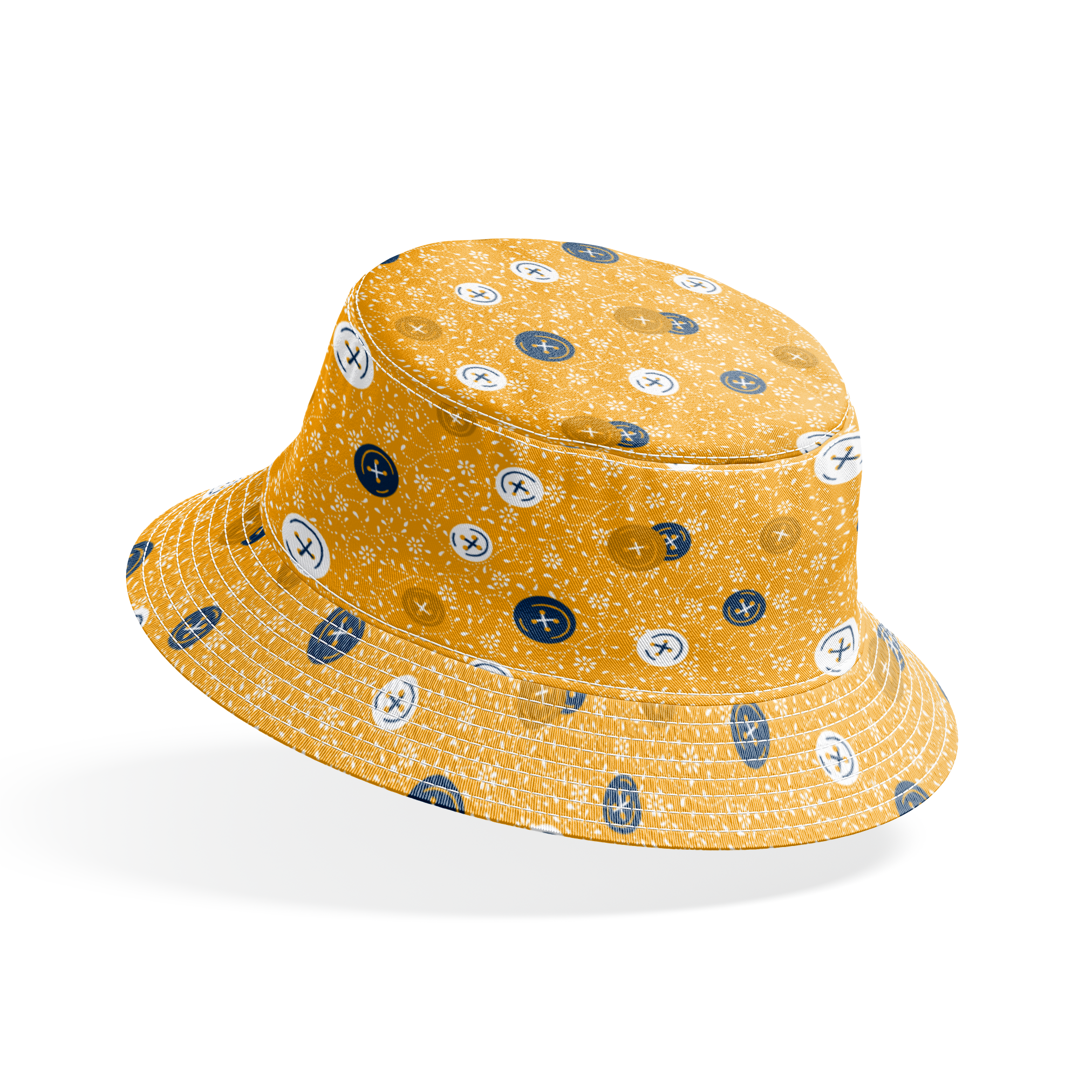 Circular buttons with cross symbols in gold, navy, and white scattered on a gold floral background bucket hat mockup