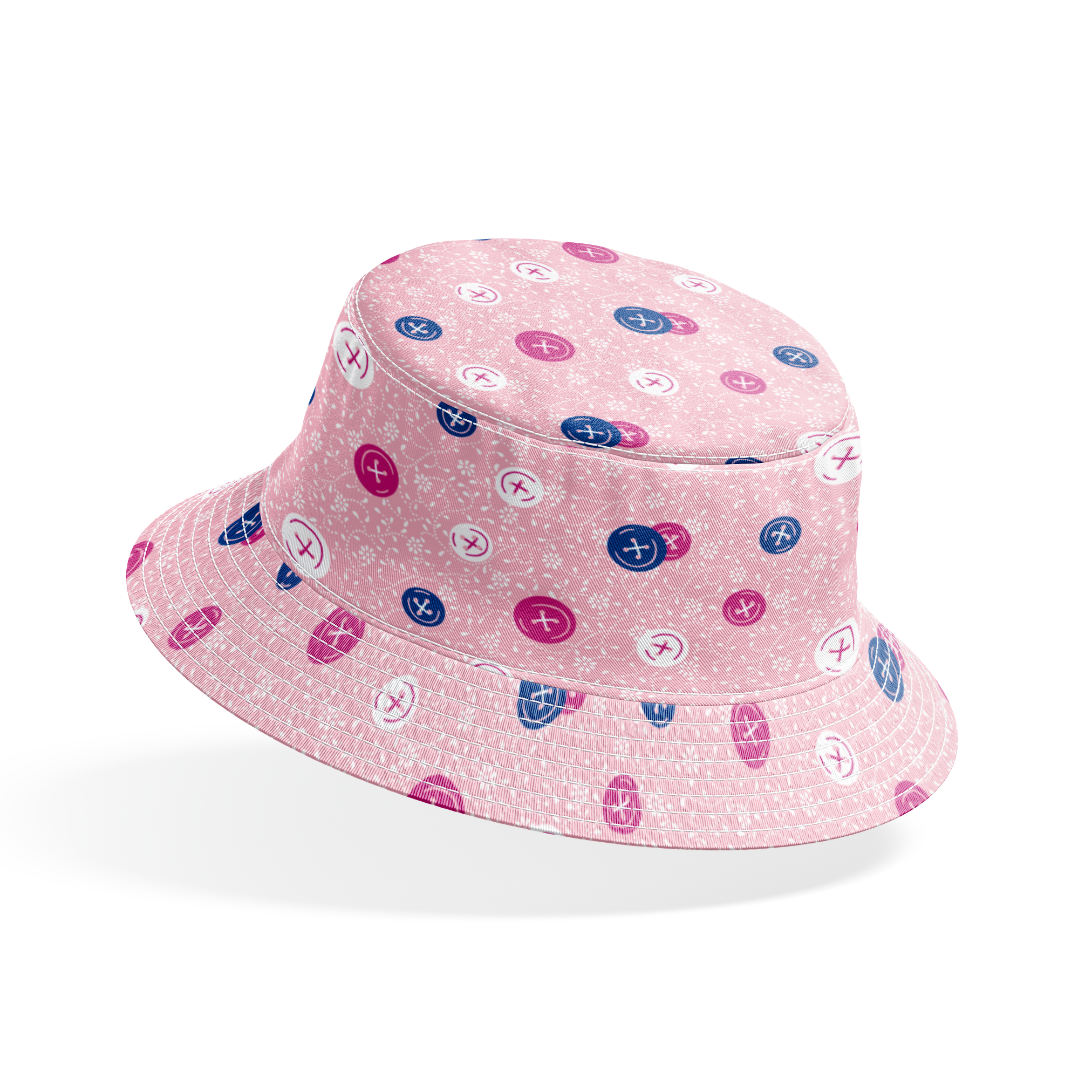 Scattered buttons in white, pink, and navy on a light pink floral background bucket hat mockup