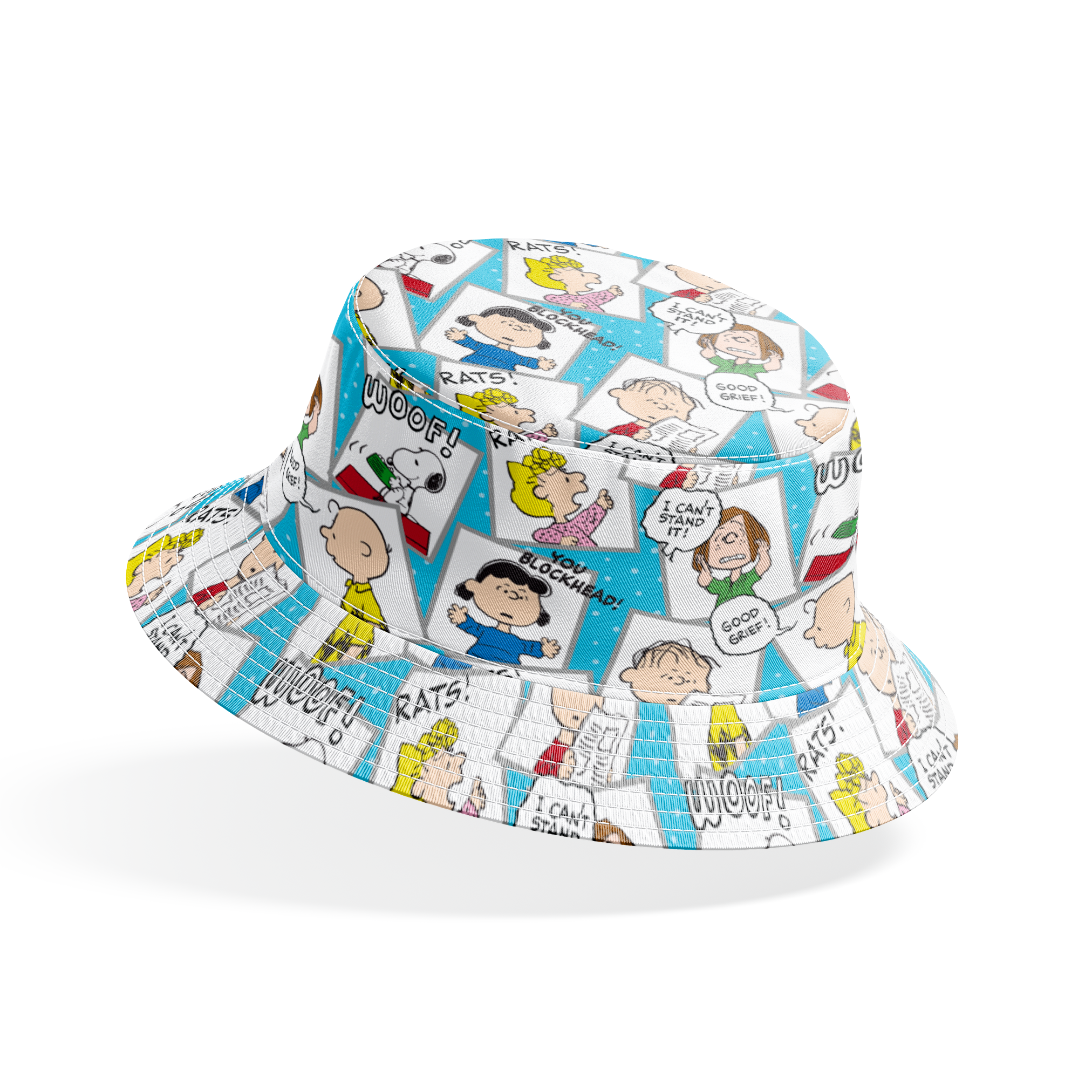 Peanuts comic characters in various expressions - Snoopy saying "WOOF!", speech bubbles with "RATS!", "I CAN'T STAND IT!", "YOU BLOCKHEAD!" and "GOOD GRIEF! bucket hat mockup