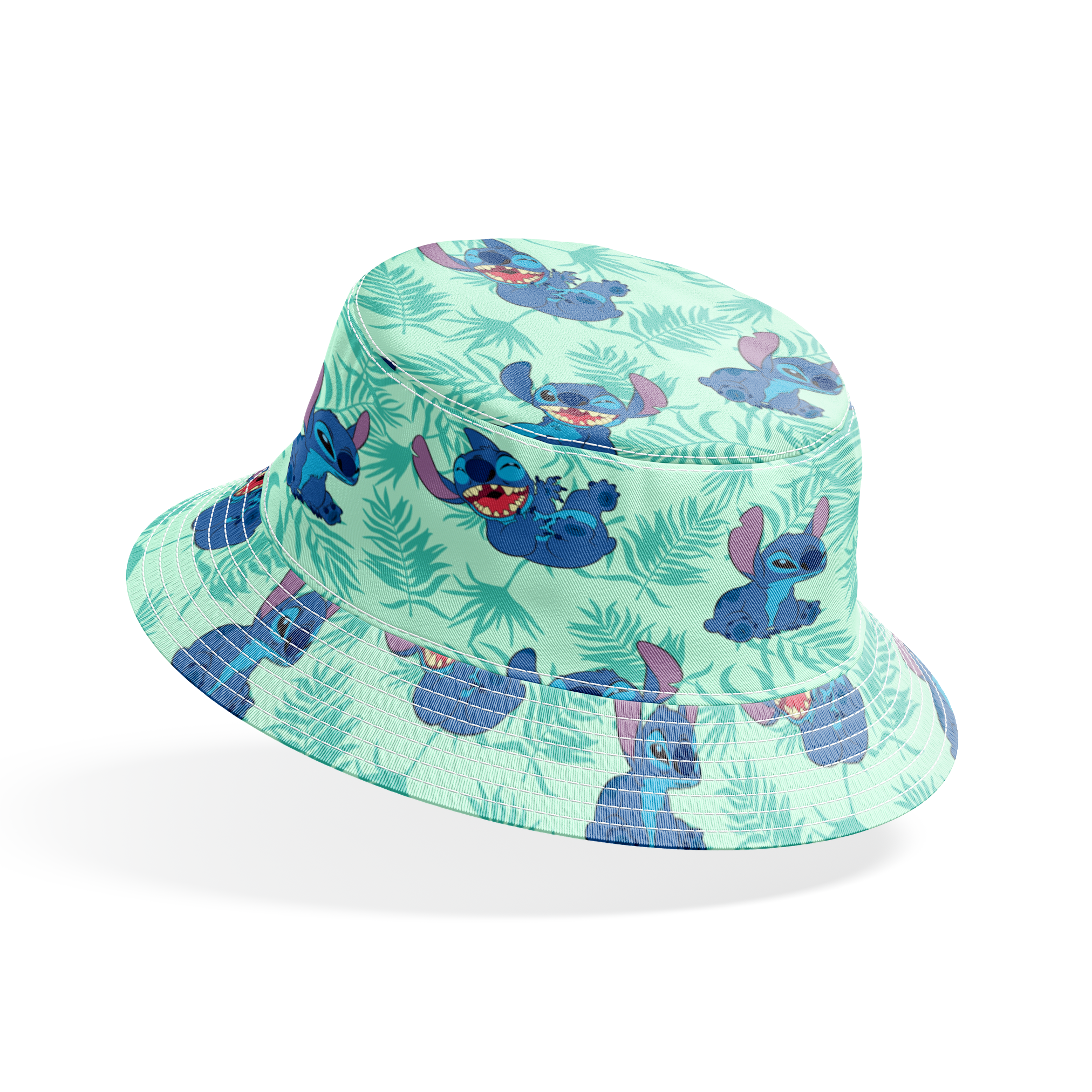 Blue cartoon alien character Stitch in various playful poses against mint green tropical leaf pattern background bucket hat mockup