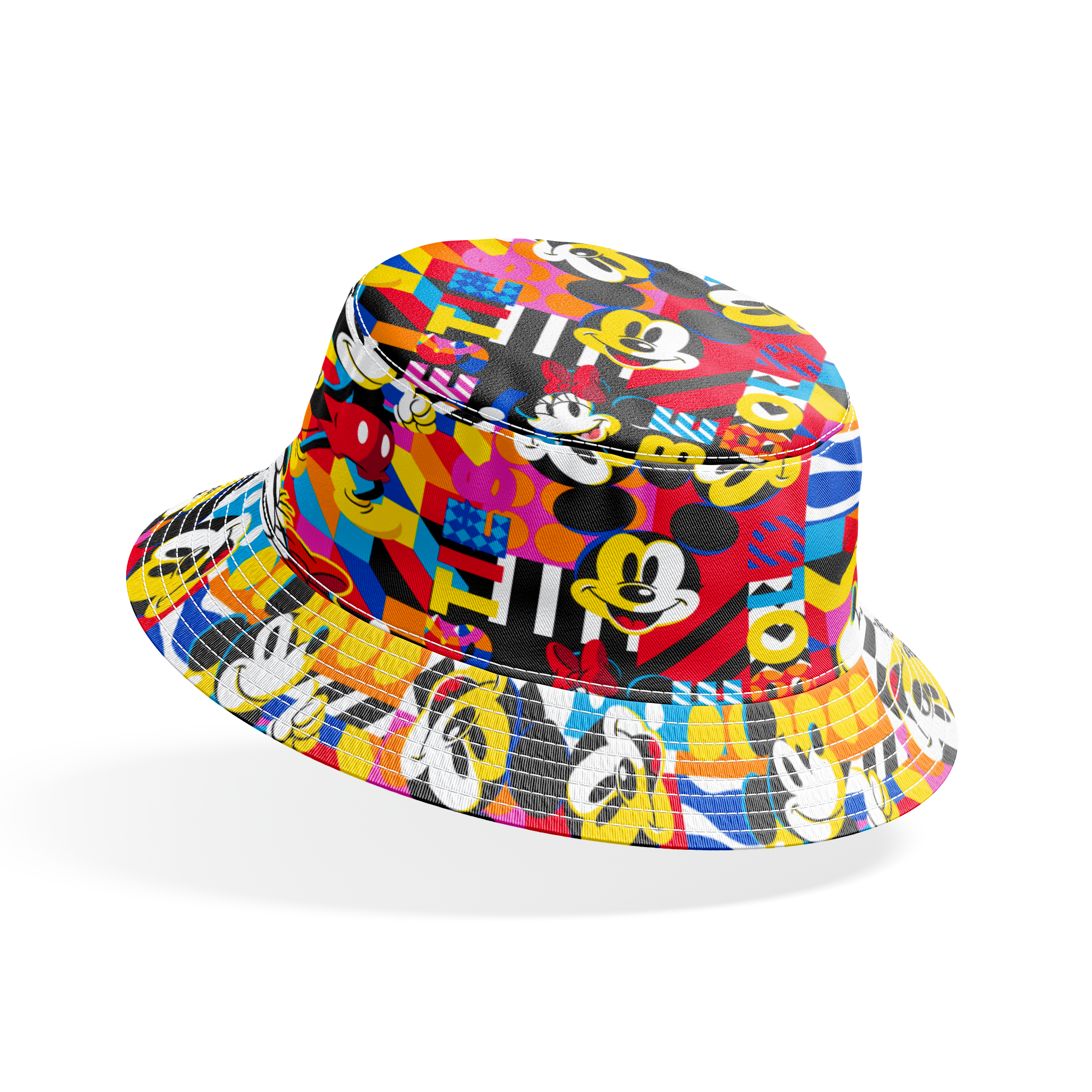 Vibrant pop art collage of Mickey Mouse in various poses against colorful geometric patterns and backgrounds bucket hat mockup