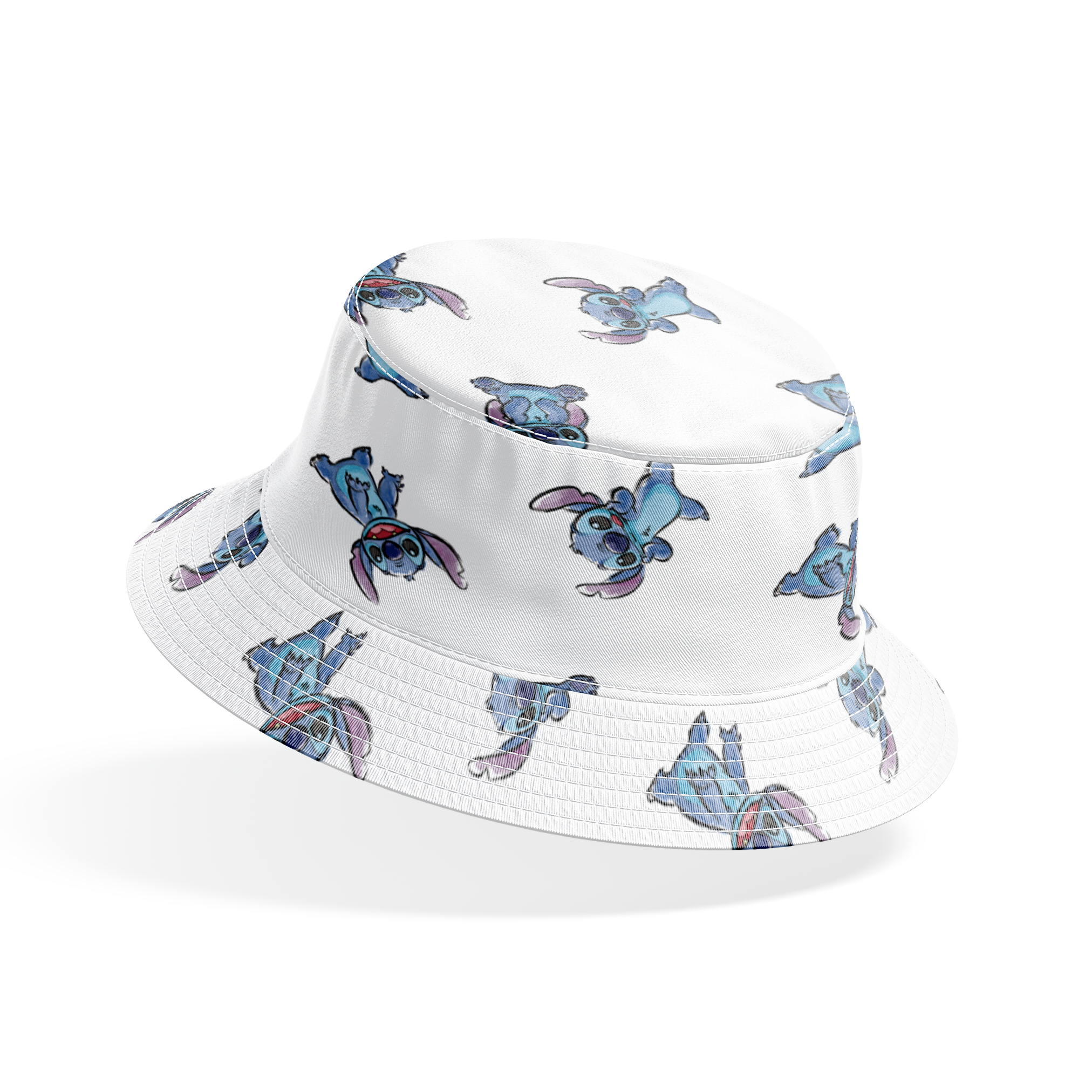 Blue cartoon Stitch characters from Disney's Lilo & Stitch in various playful poses on white background bucket hat mockup
