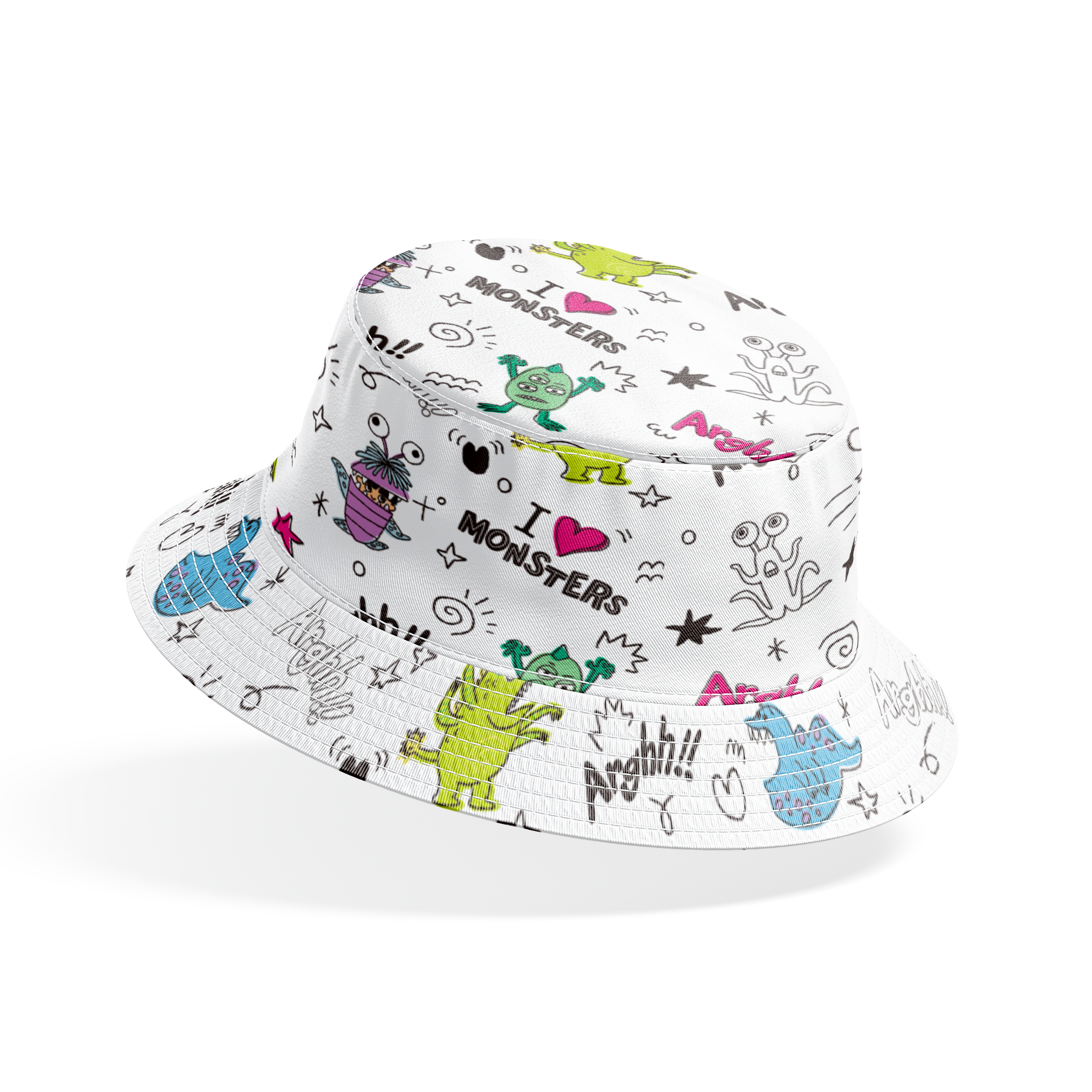 Colorful cartoon monster doodles with "I ♥ MONSTERS" and "Arghh!!" text in playful pattern style bucket hat mockup