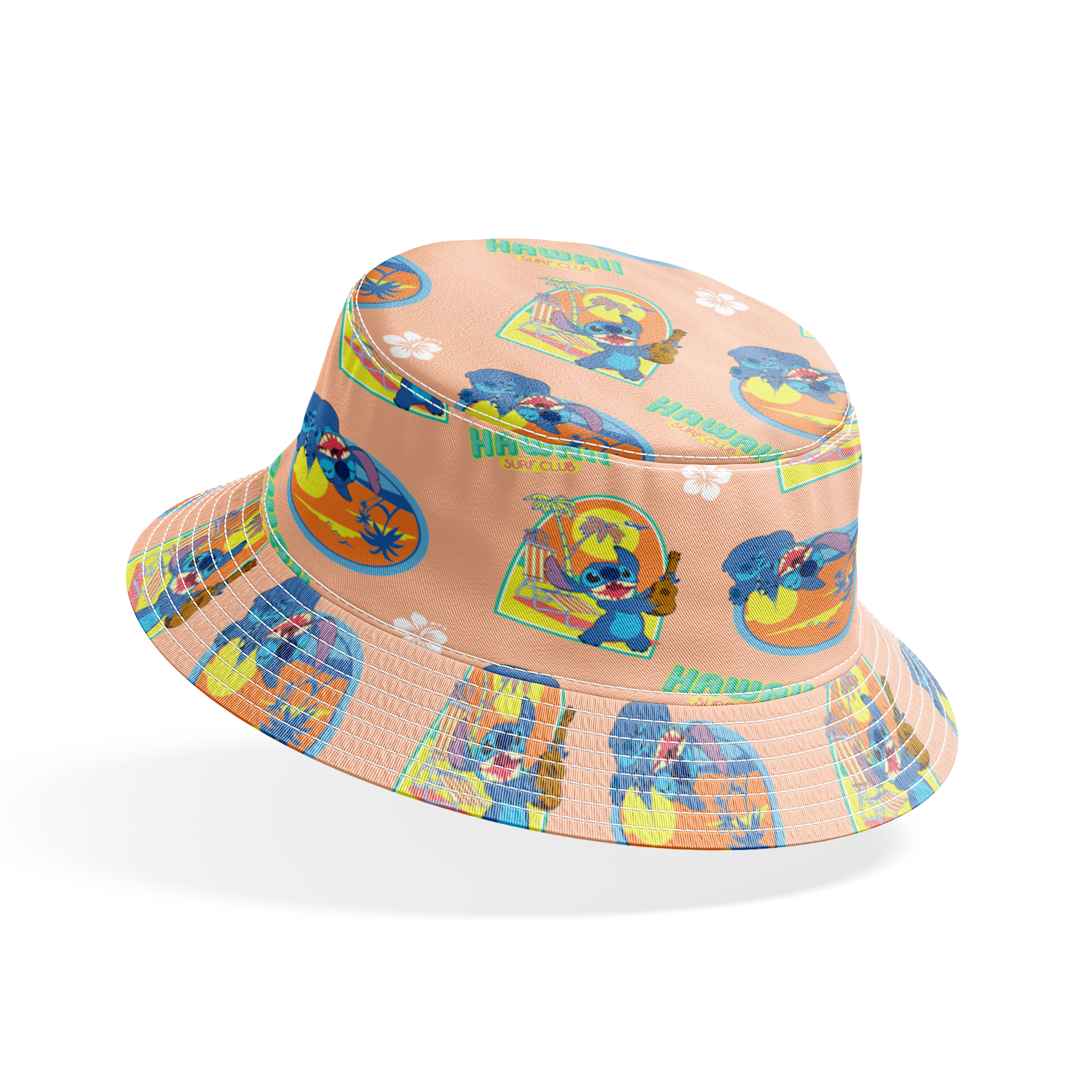 Disney's Stitch character on peach background with Hawaii-themed illustrations featuring surfboards, ukulele, and tropical imagery bucket hat mockup