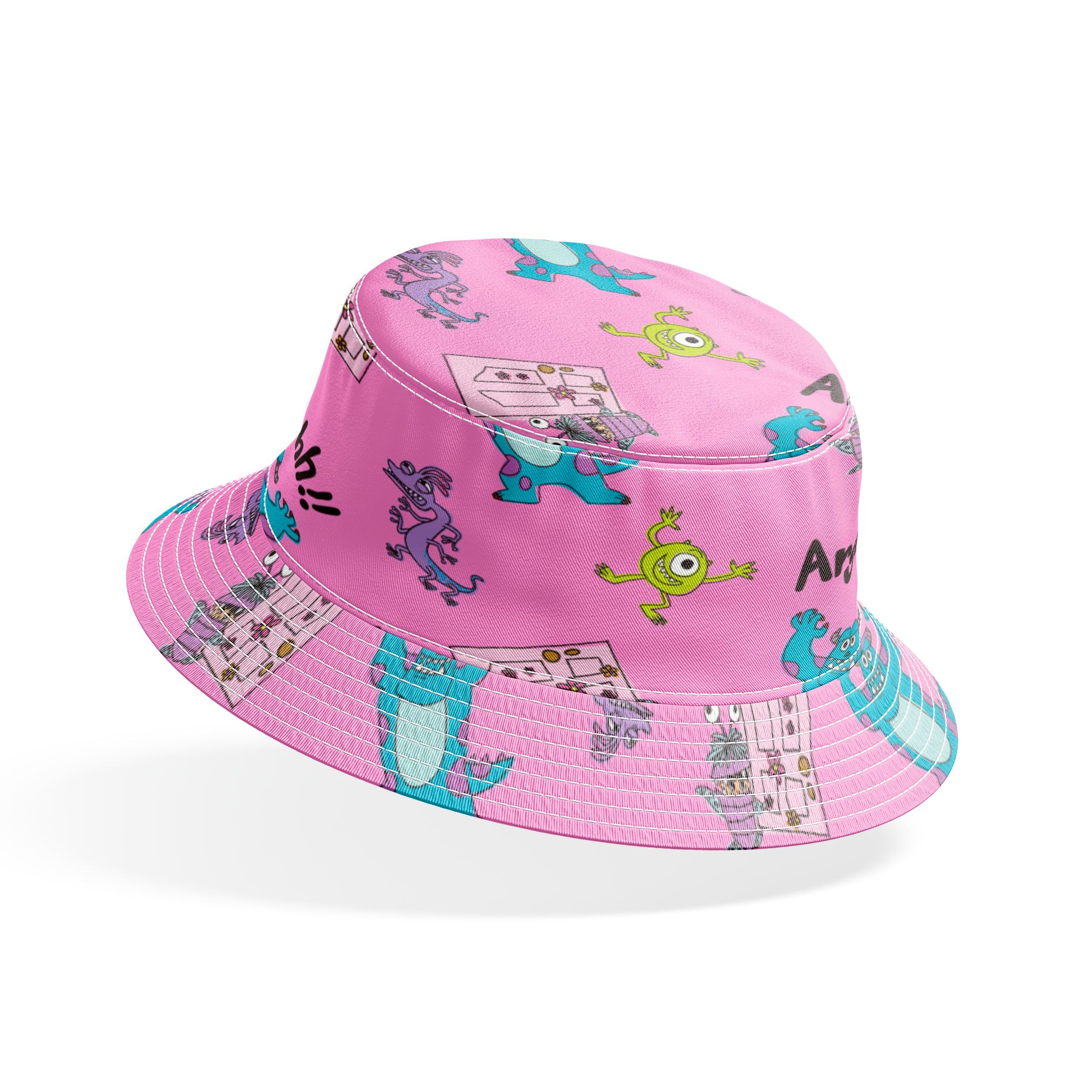 Cartoon monster pattern with blue creatures, green one-eyed characters, and "Arghh!!" text on pink background bucket hat mockup