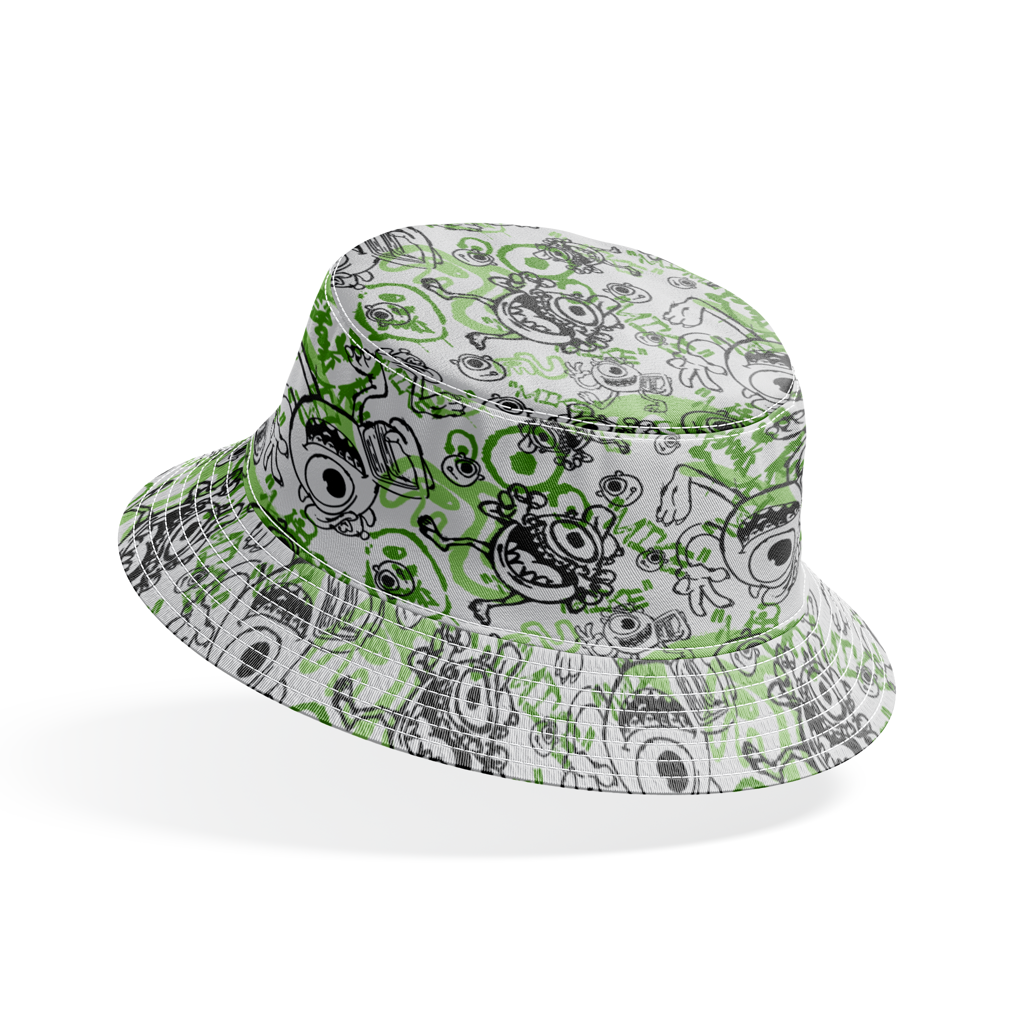 Cartoon monsters doodle pattern in black and green on white background with large eyes and silly expressions bucket hat mockup