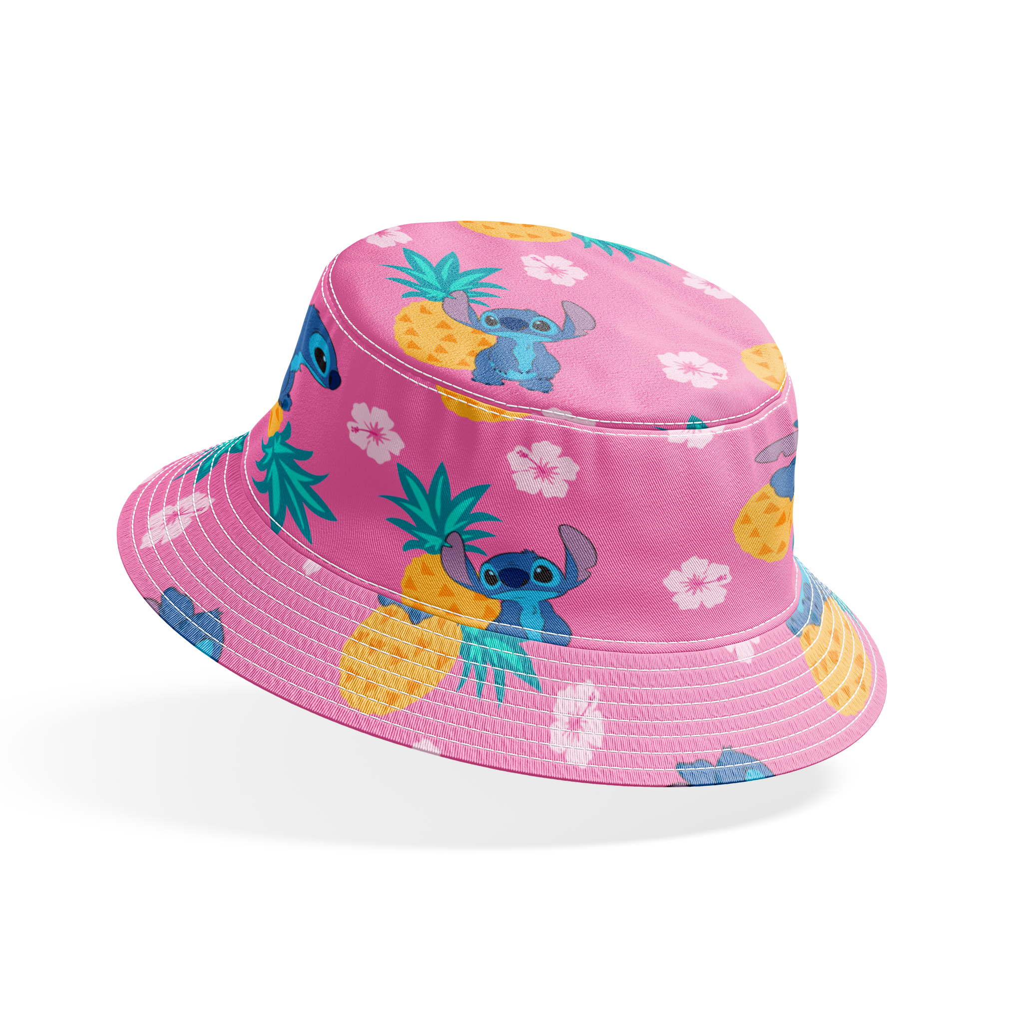 Stitch characters with pineapples and white hibiscus flowers on pink background pattern bucket hat mockup