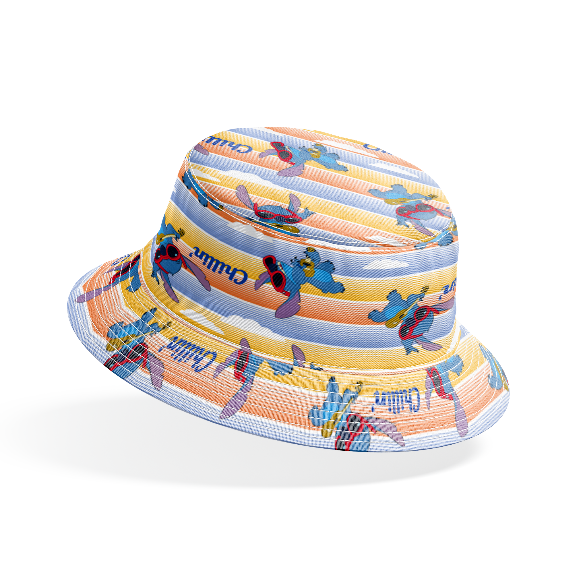 Stitch cartoon character pattern on striped yellow and blue background with "Chillin'" text bucket hat mockup