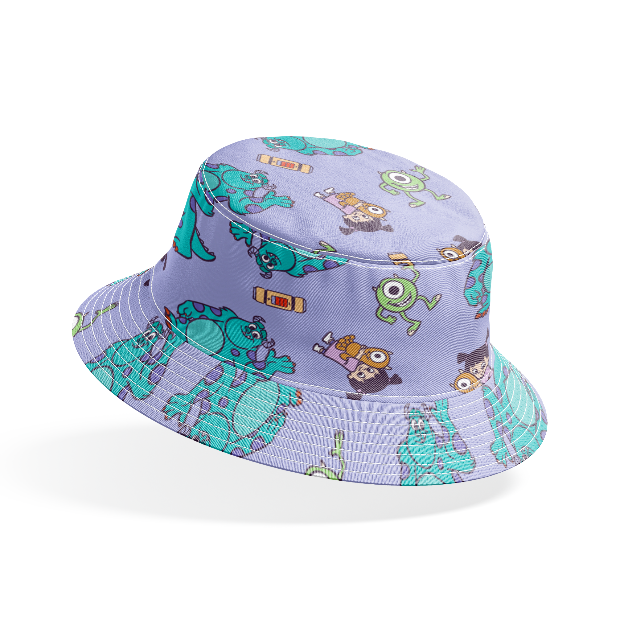 Cartoon pattern of Monsters Inc characters - Mike, Sulley, and Boo - on a purple background bucket hat mockup
