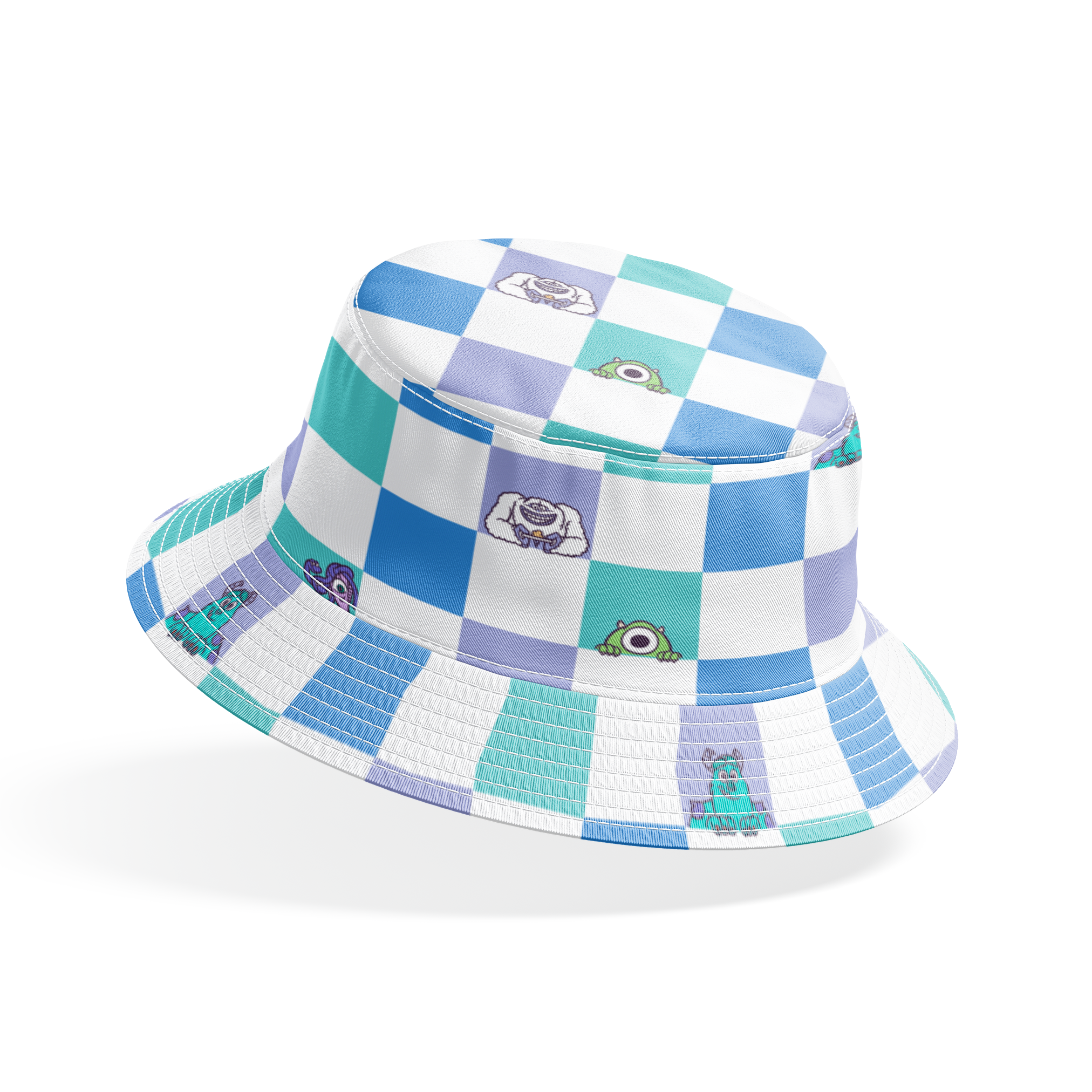 Monsters Inc characters on a checkered pattern of white, mint green, light purple, and blue squares bucket hat mockup