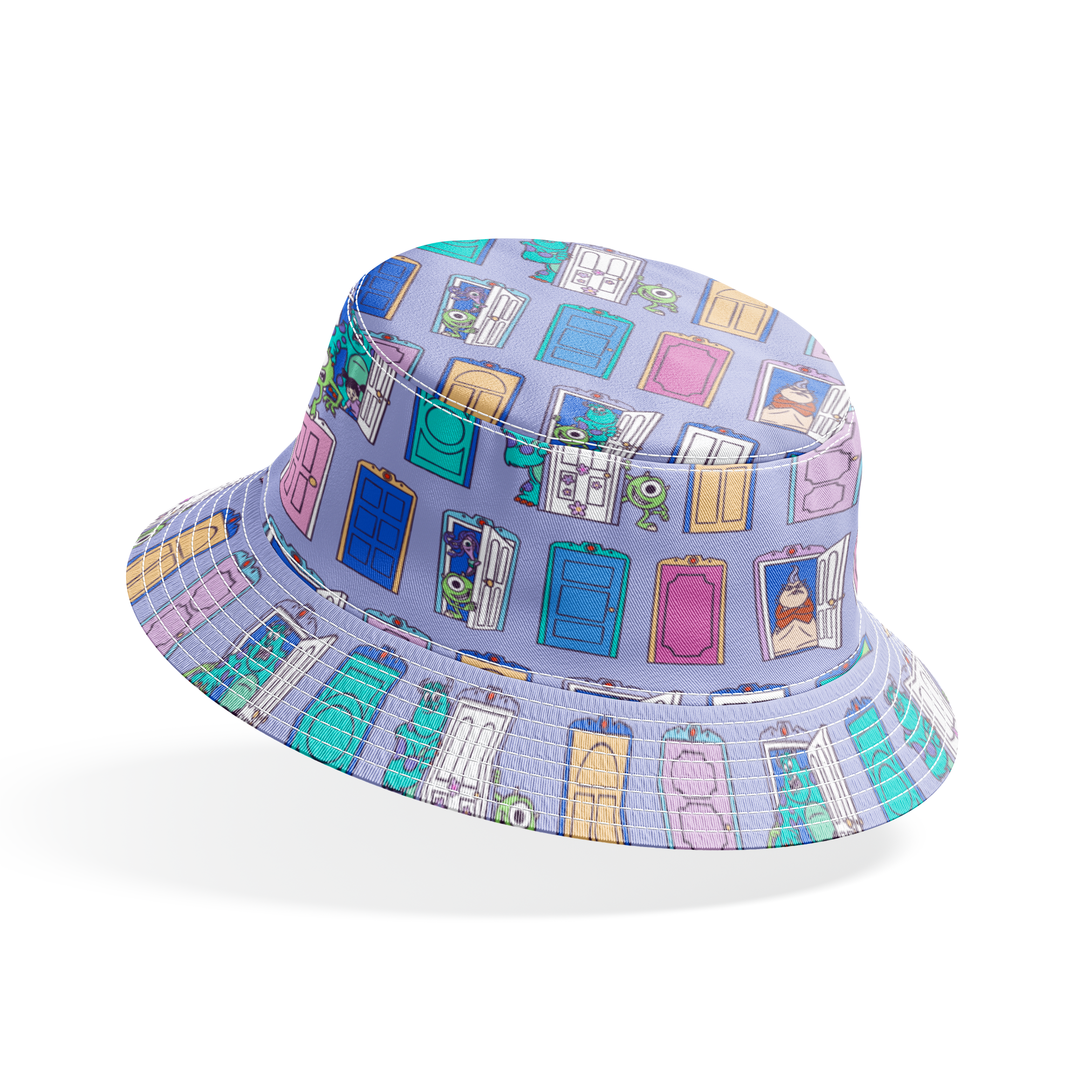 Colorful pattern of cartoon monster characters peeking through various doors in purple, blue, pink, and green on a lavender background. bucket hat mockup