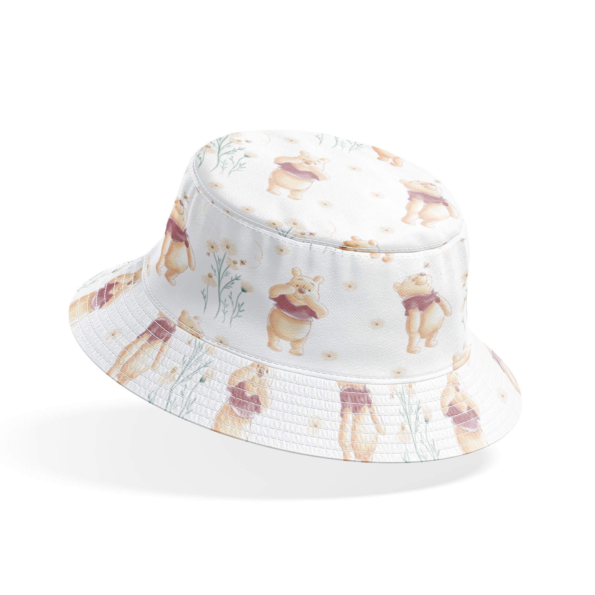 Winnie the Pooh pattern with cartoon bear in red shirt amid delicate white flowers bucket hat mockup