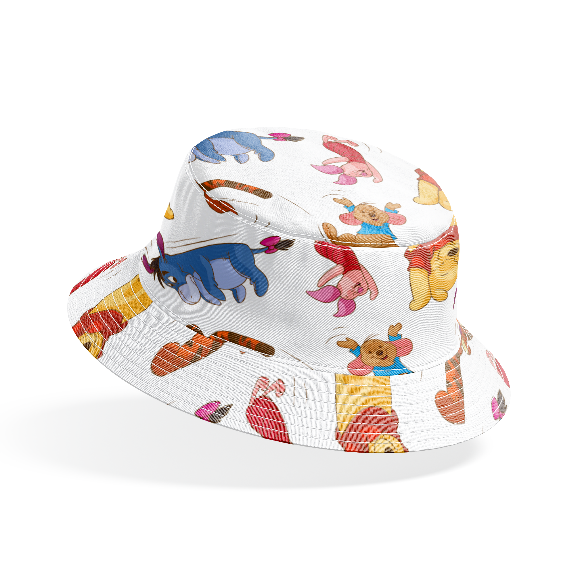 Colorful pattern featuring Winnie the Pooh characters jumping and bouncing on white background bucket hat mockup