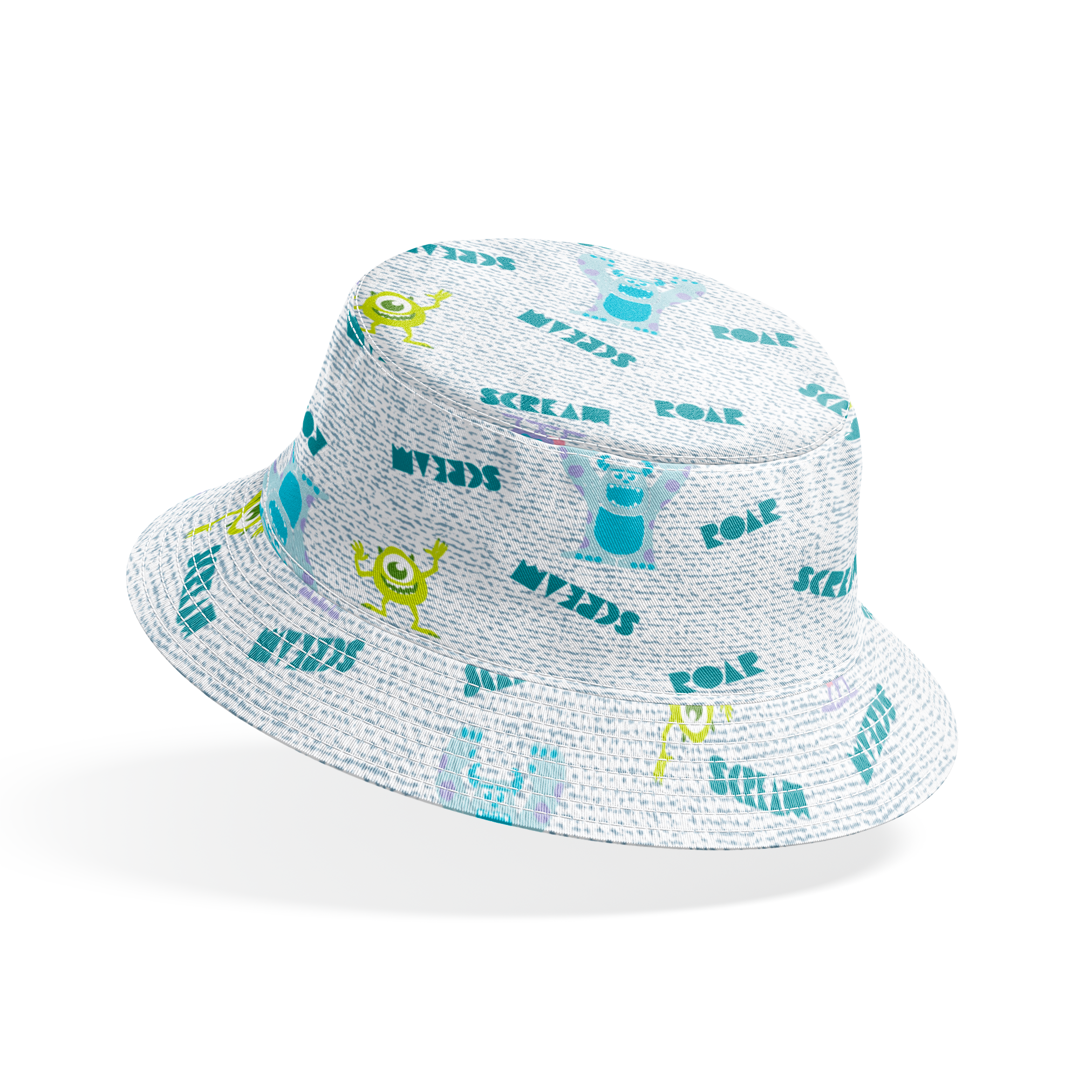 Monsters Inc pattern with teal "SCREAM" text, Mike Wazowski and Sulley on light textured background bucket hat mockup