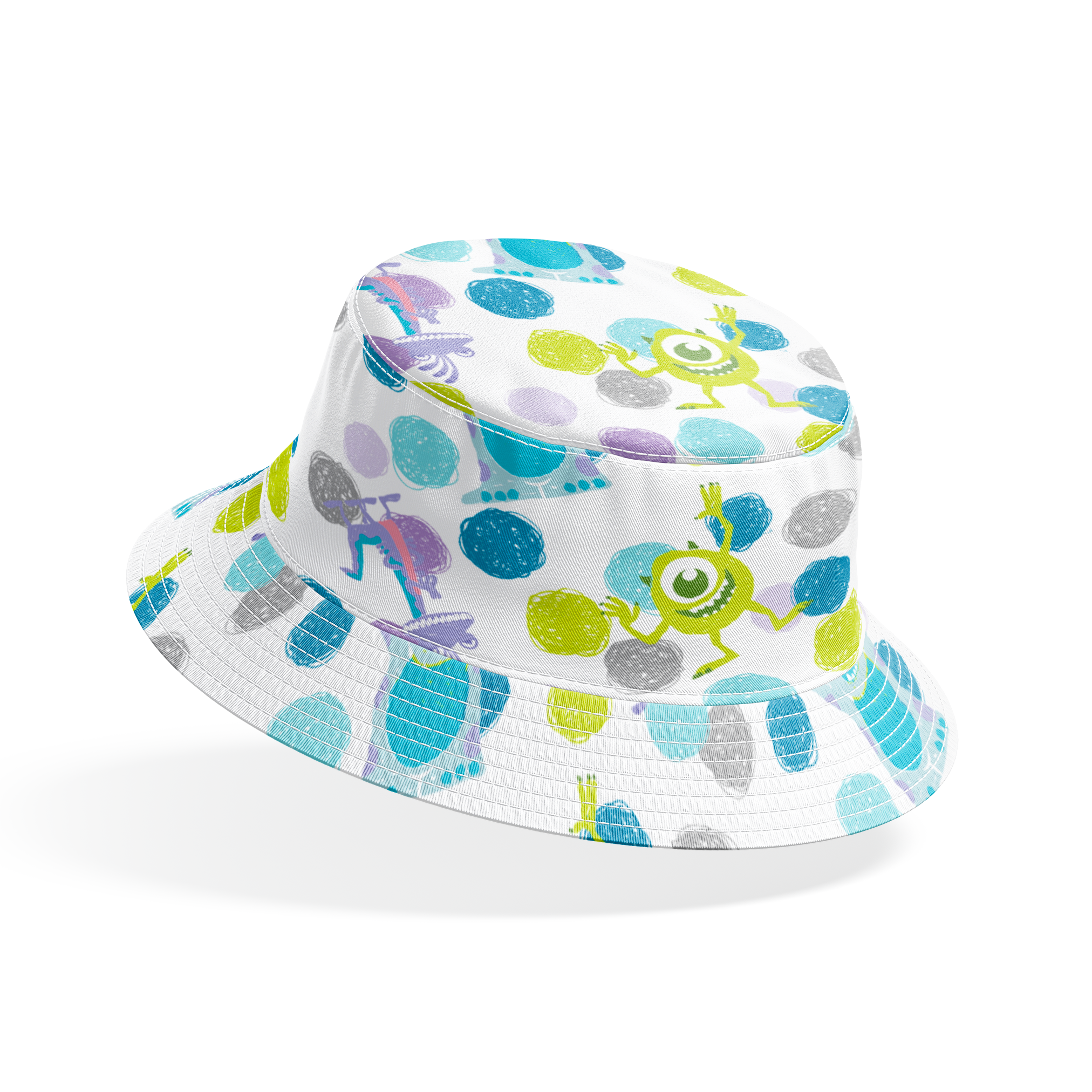 Colorful pattern featuring cartoon monsters with polka dots in blue, green, and purple on white background bucket hat mockup
