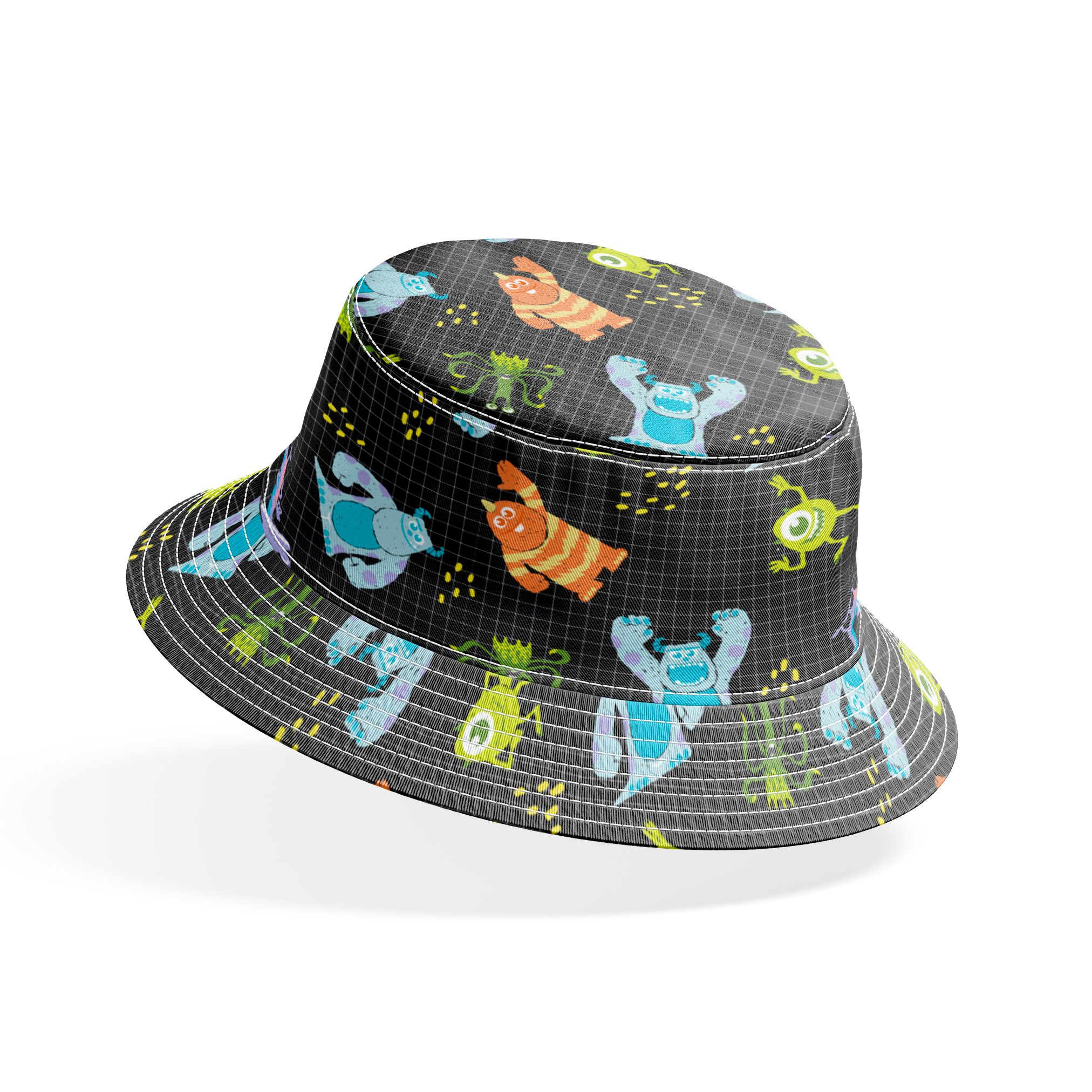 Monsters Inc pattern with Sulley, Mike, & friends on black grid background bucket hat mockup
