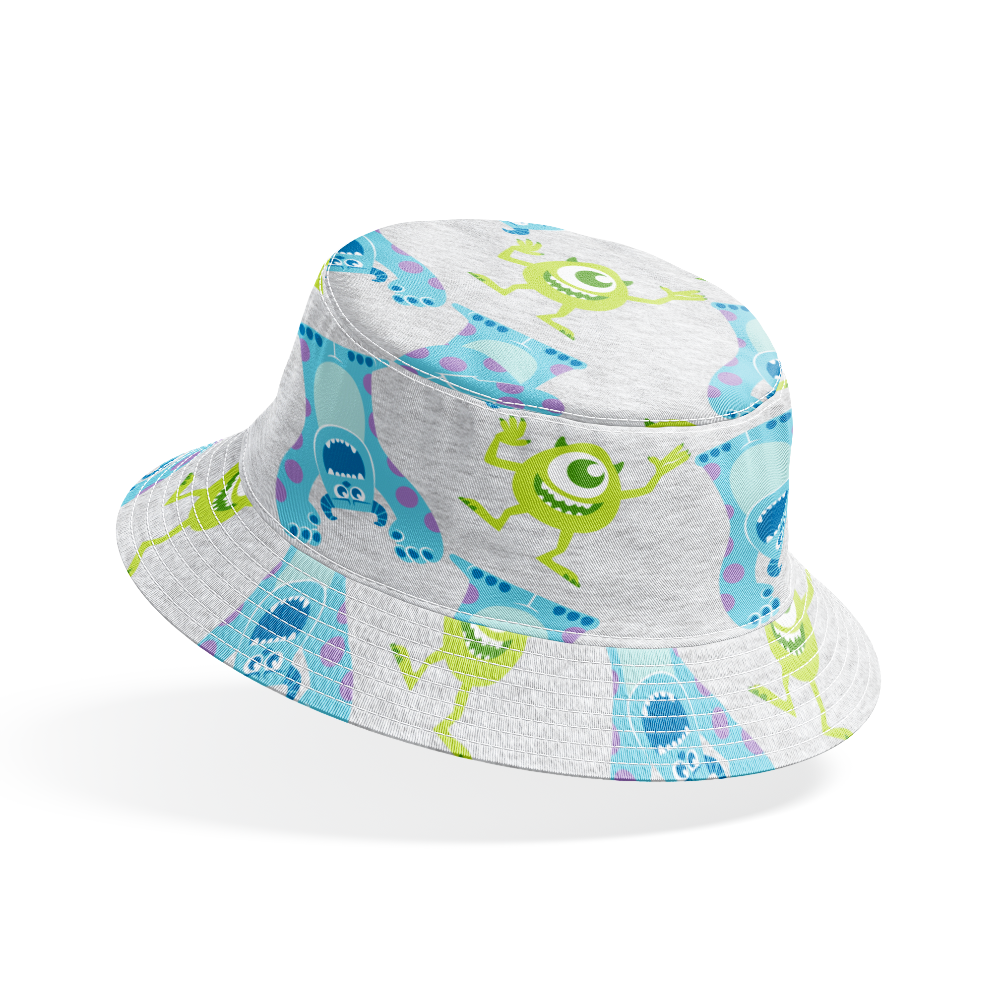 Cartoon pattern of Monsters Inc characters on light gray background bucket hat mockup