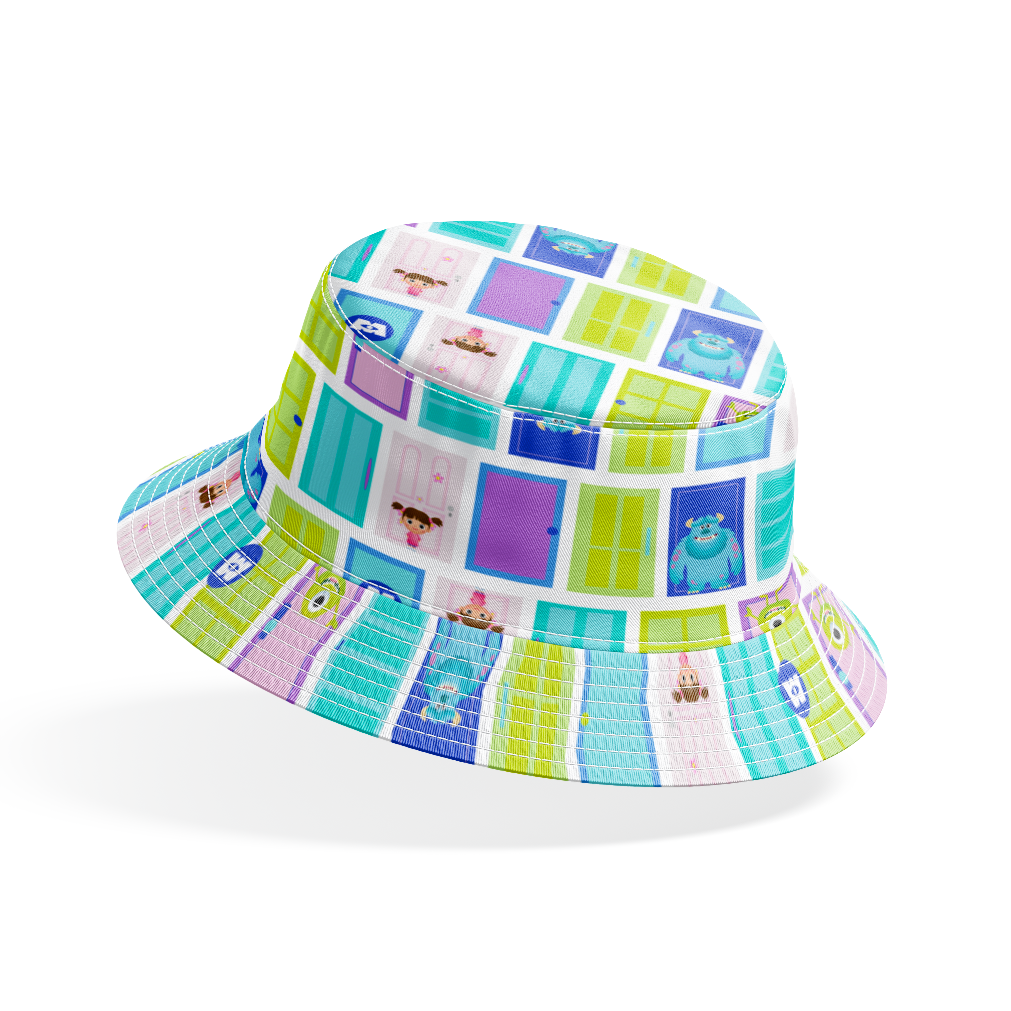 Colorful cartoon monster doors pattern inspired by Monsters Inc. with teal, purple, and green doors bucket hat mockup