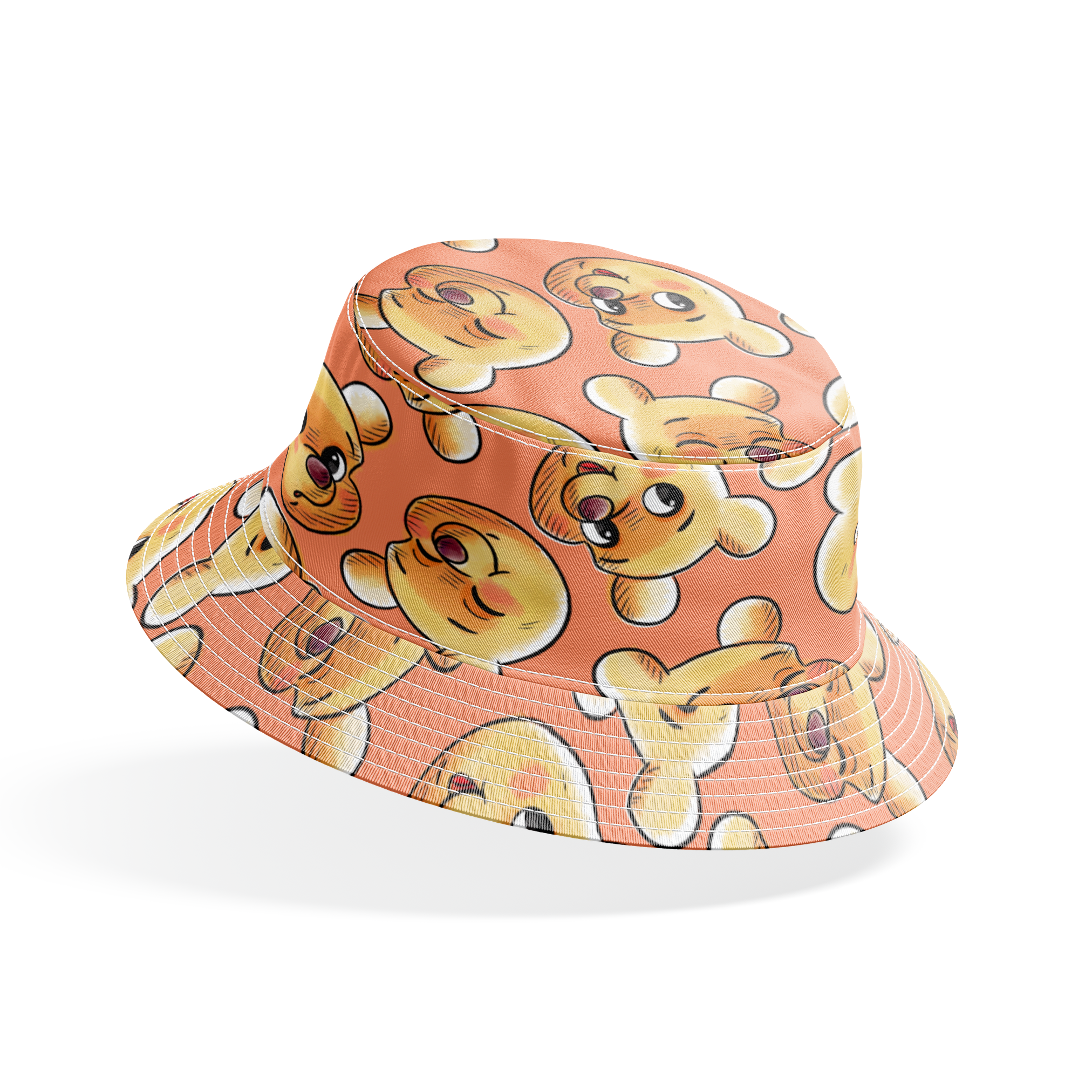 Cartoon teddy bear faces with cute expressions on peach background in repeating pattern bucket hat mockup