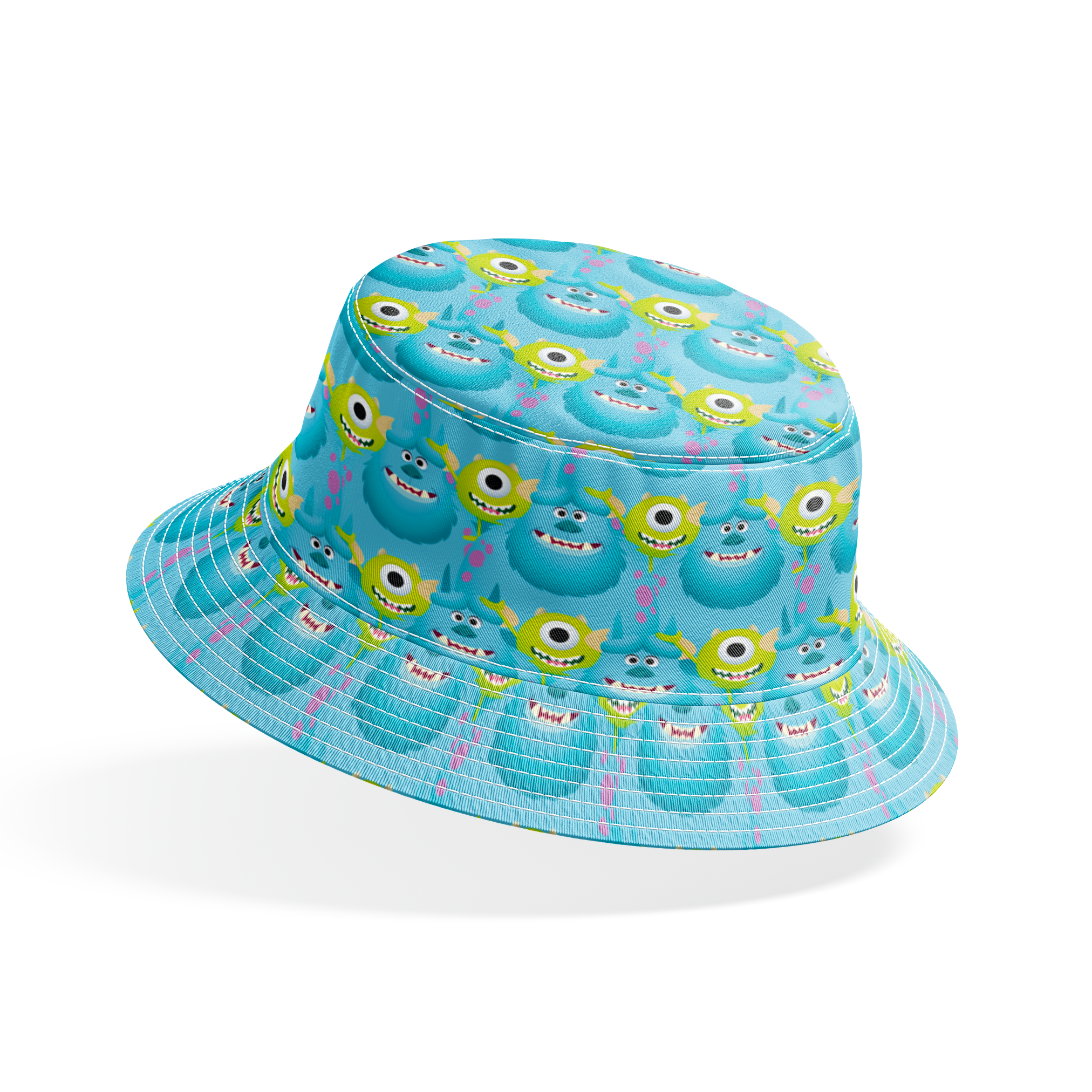 Repeating pattern of Monsters Inc characteres - Mike & Sulley on light blue background. bucket hat mockup