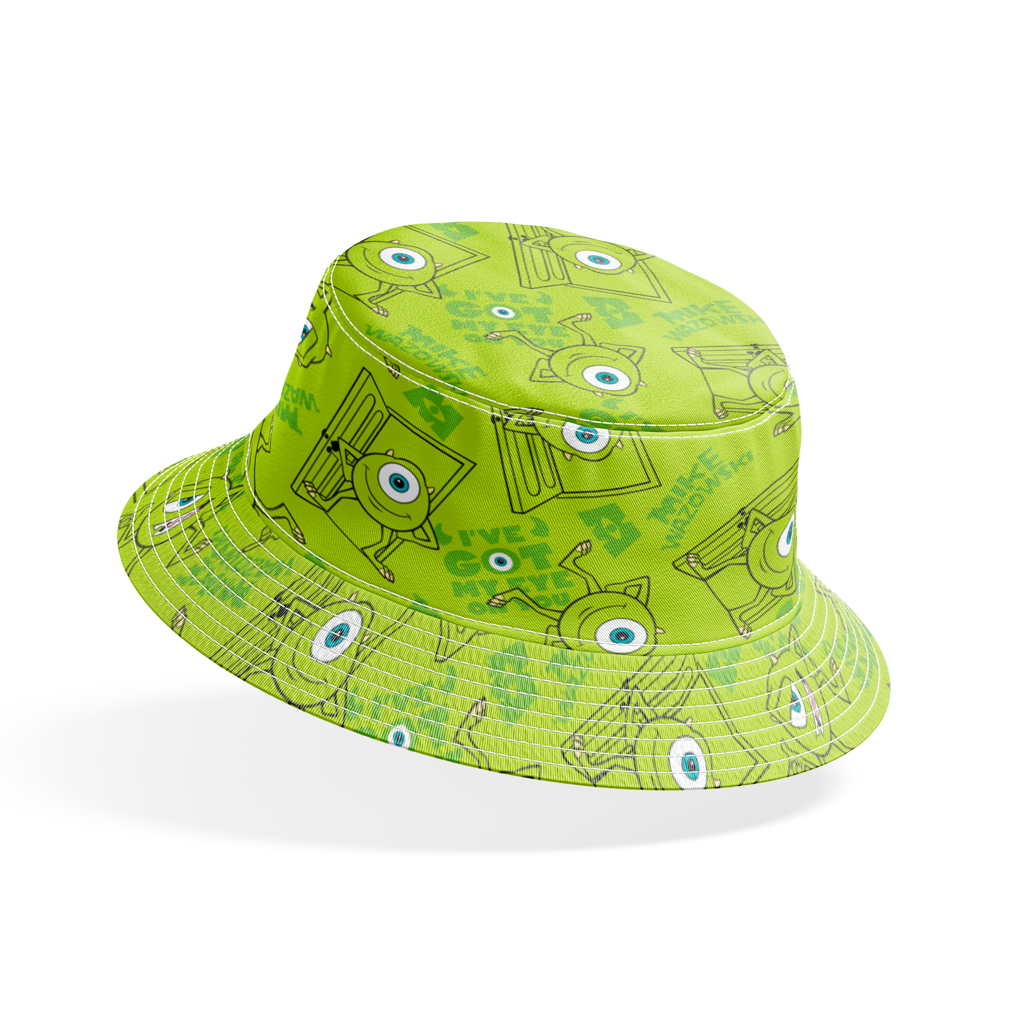 Green background with repeating Mike Wazowski in black outlines. bucket hat mockup