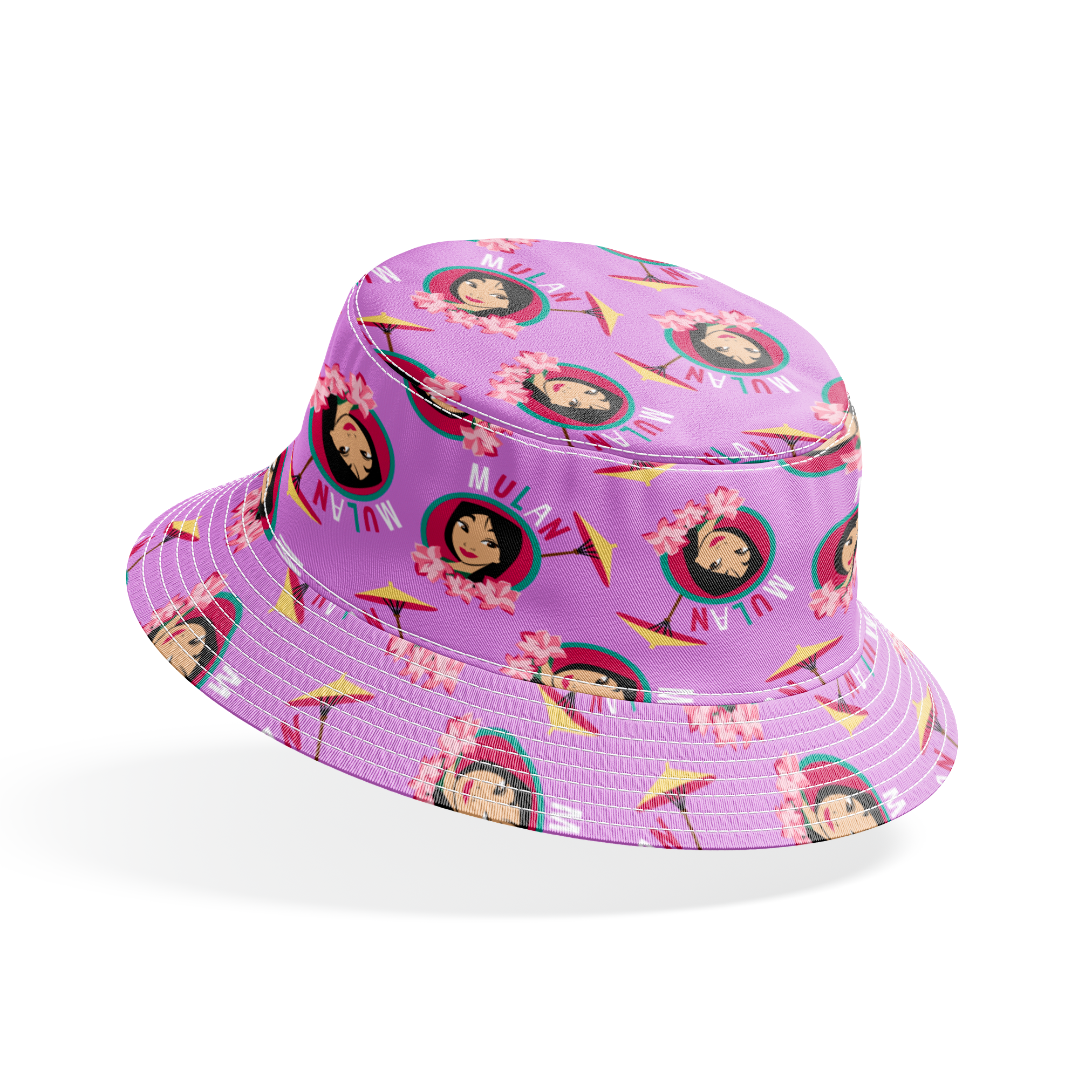 Animated character portrait pattern on purple background with pink flowers and yellow parasols bucket hat mockup