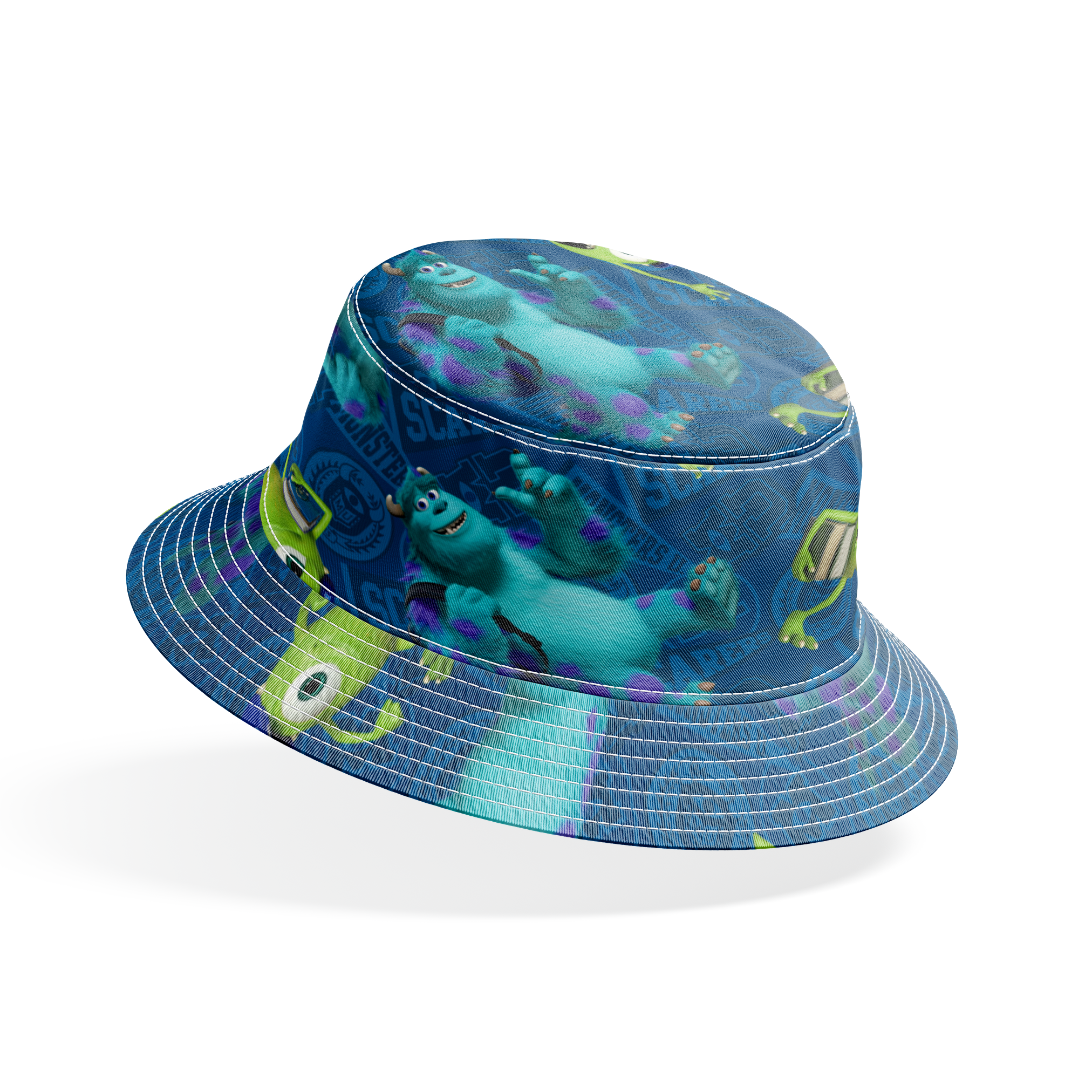 Monsters Inc characters pattern with Mike Wazowski and Sully on blue background bucket hat mockup