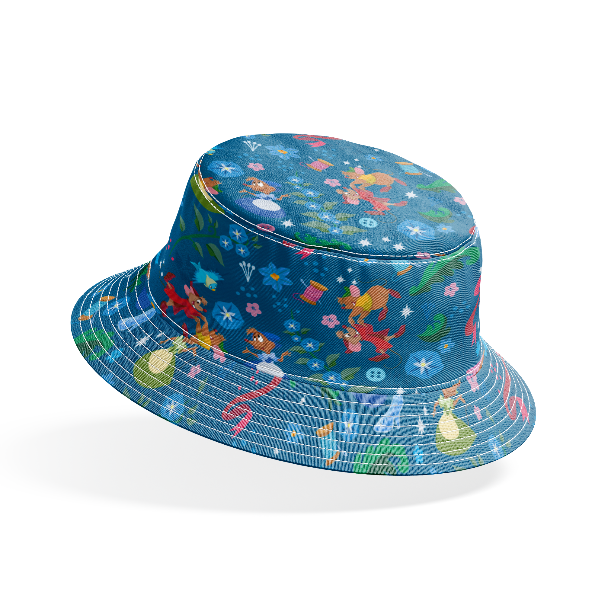 Colorful fairy tale pattern with mice, glass slippers, pumpkins, and floral elements on deep blue background bucket hat mockup