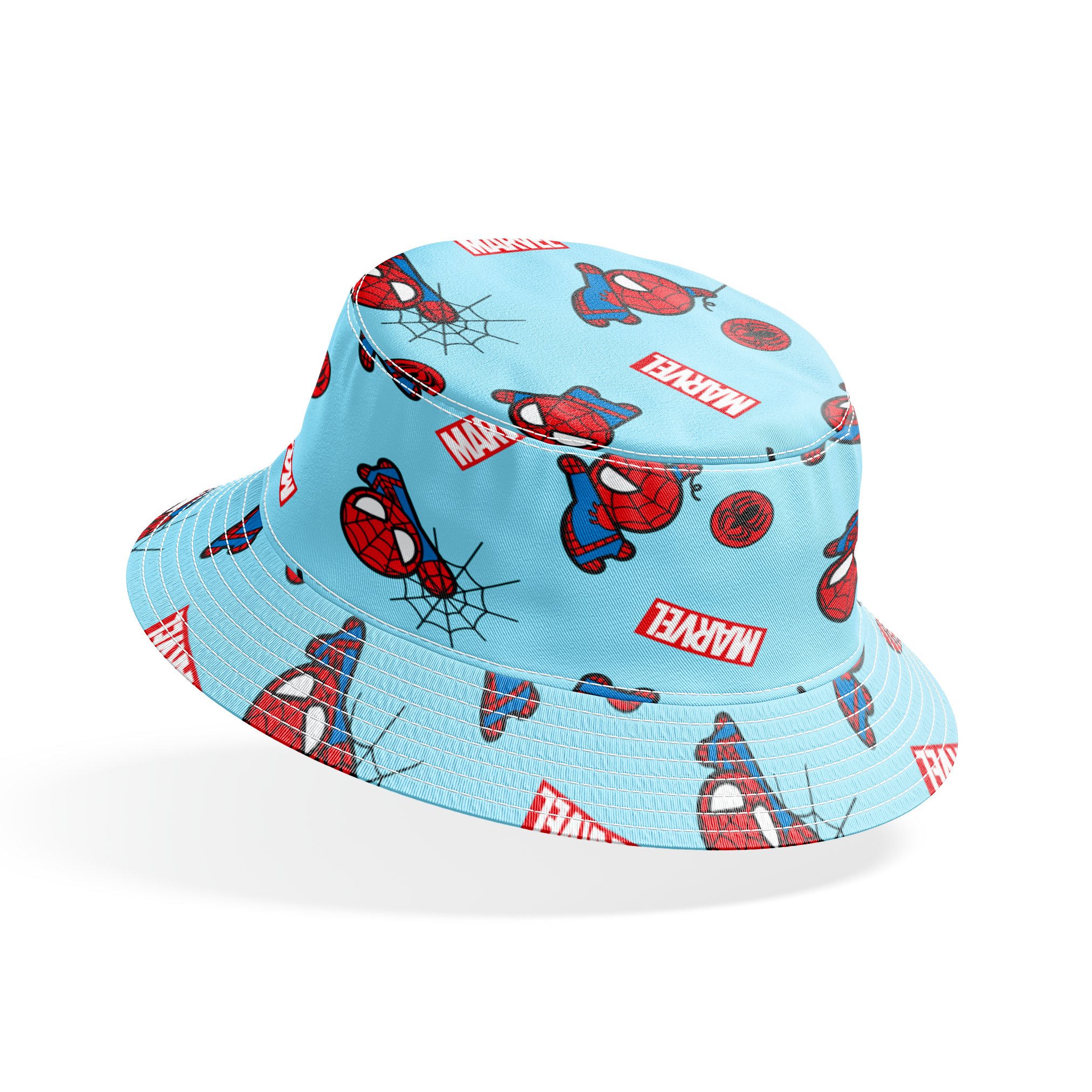Spider-Man pattern with cartoon character poses, Marvel logos, and spider symbols on light blue background bucket hat mockup