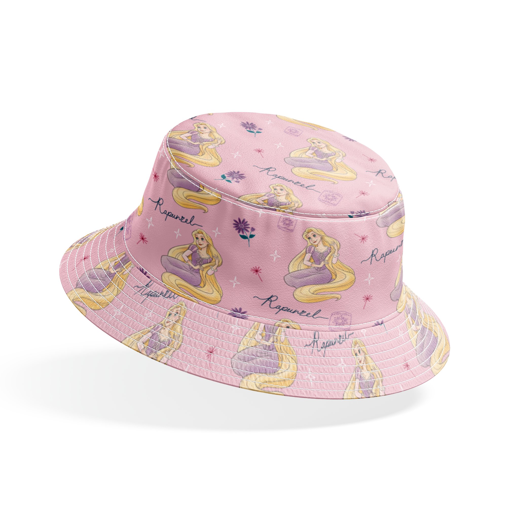 Repeating pattern of blonde character in purple dress with long flowing hair, flowers, and "Rapunzel" text on pink background bucket hat mockup