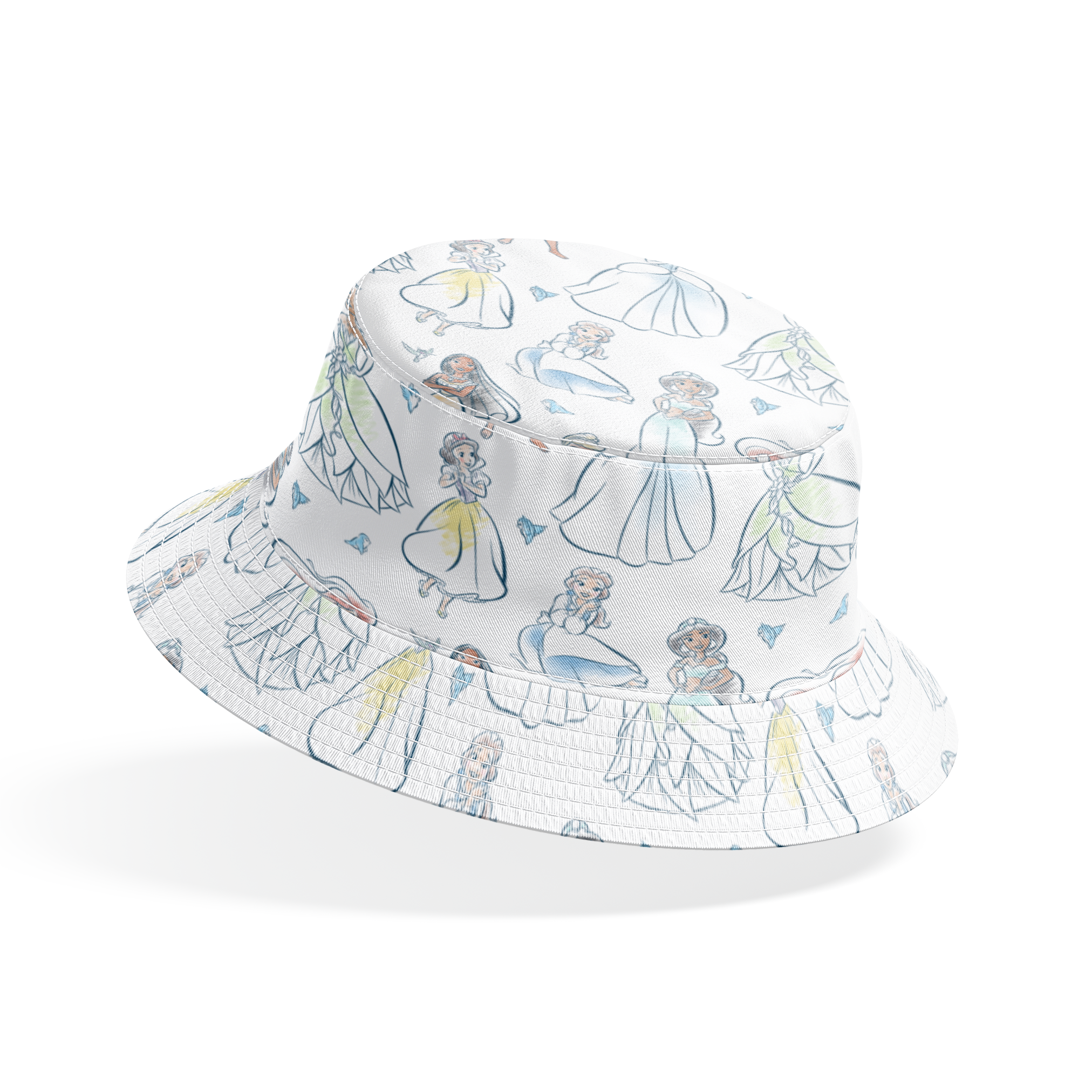 Illustrated pattern of Disney princesses in elegant dresses with sparkles on light background bucket hat mockup