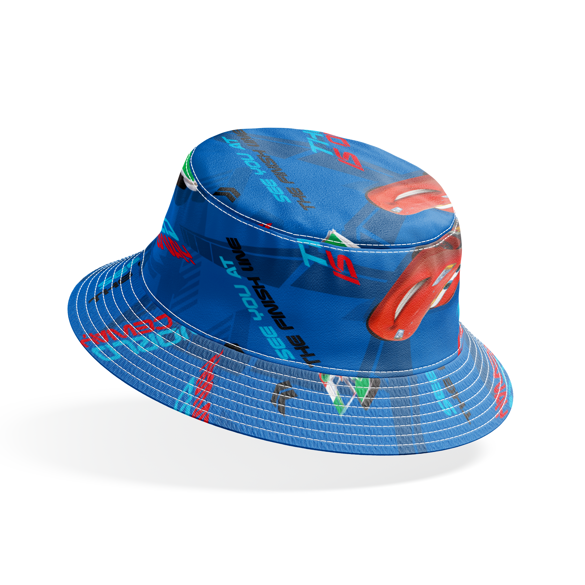 Blue fabric pattern with animated red race cars, "The World of Cars" text, and directional arrow designs bucket hat mockup