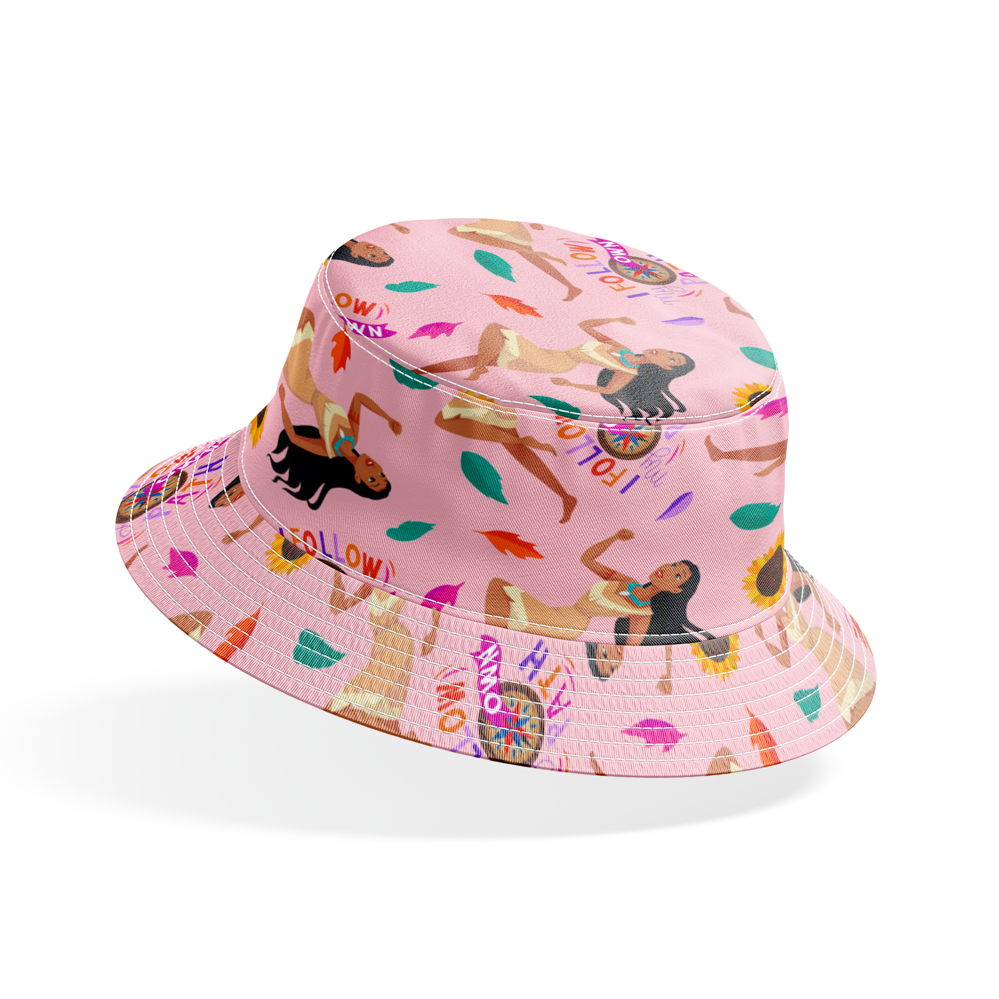 Colorful pattern with figures in relaxed poses, sunflowers, and text "Hi I Follow My Own Path" on pink background bucket hat mockup