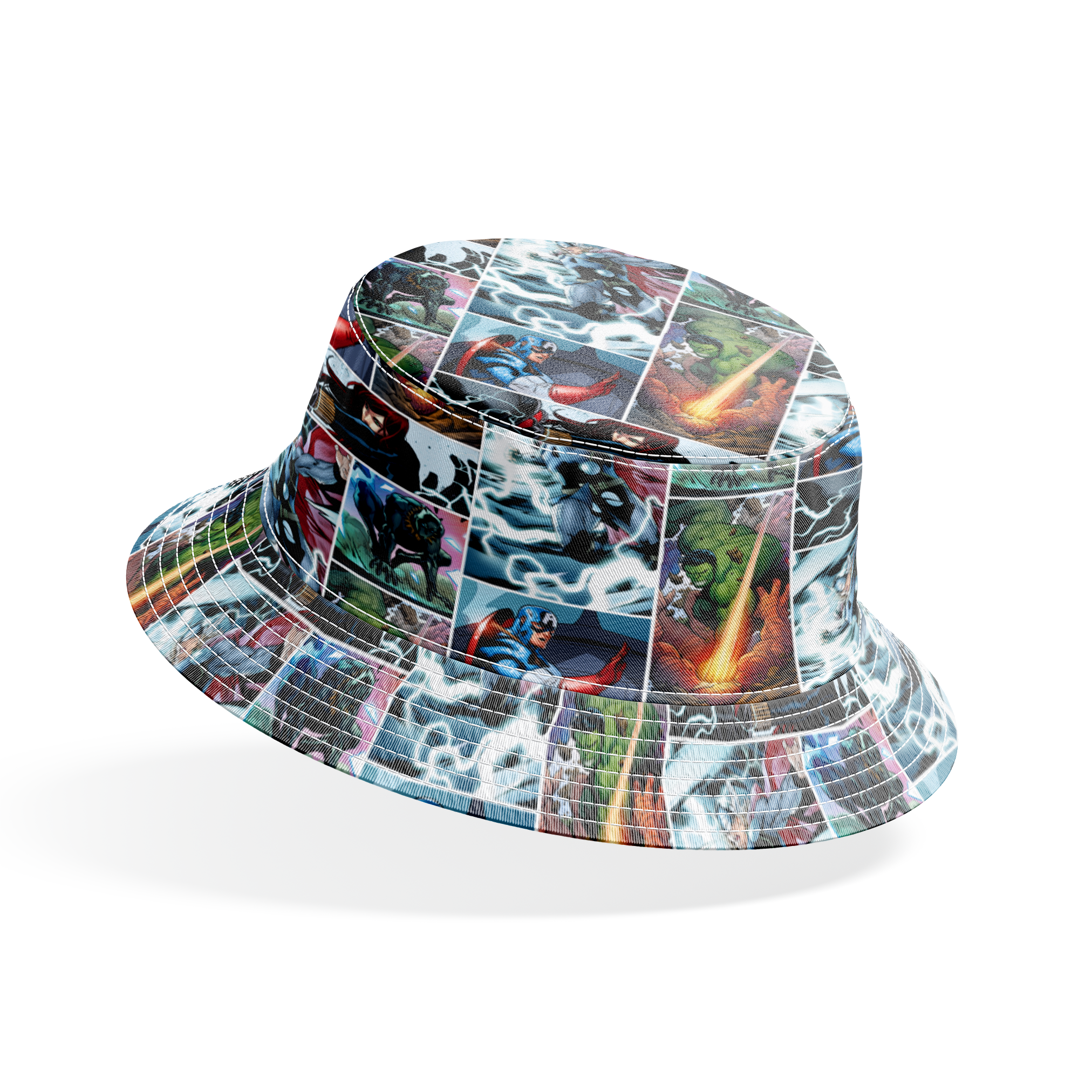 Comic book collage featuring Thor with lightning, Captain America with shield, Hulk, and various Marvel superheroes in action scenes bucket hat mockup