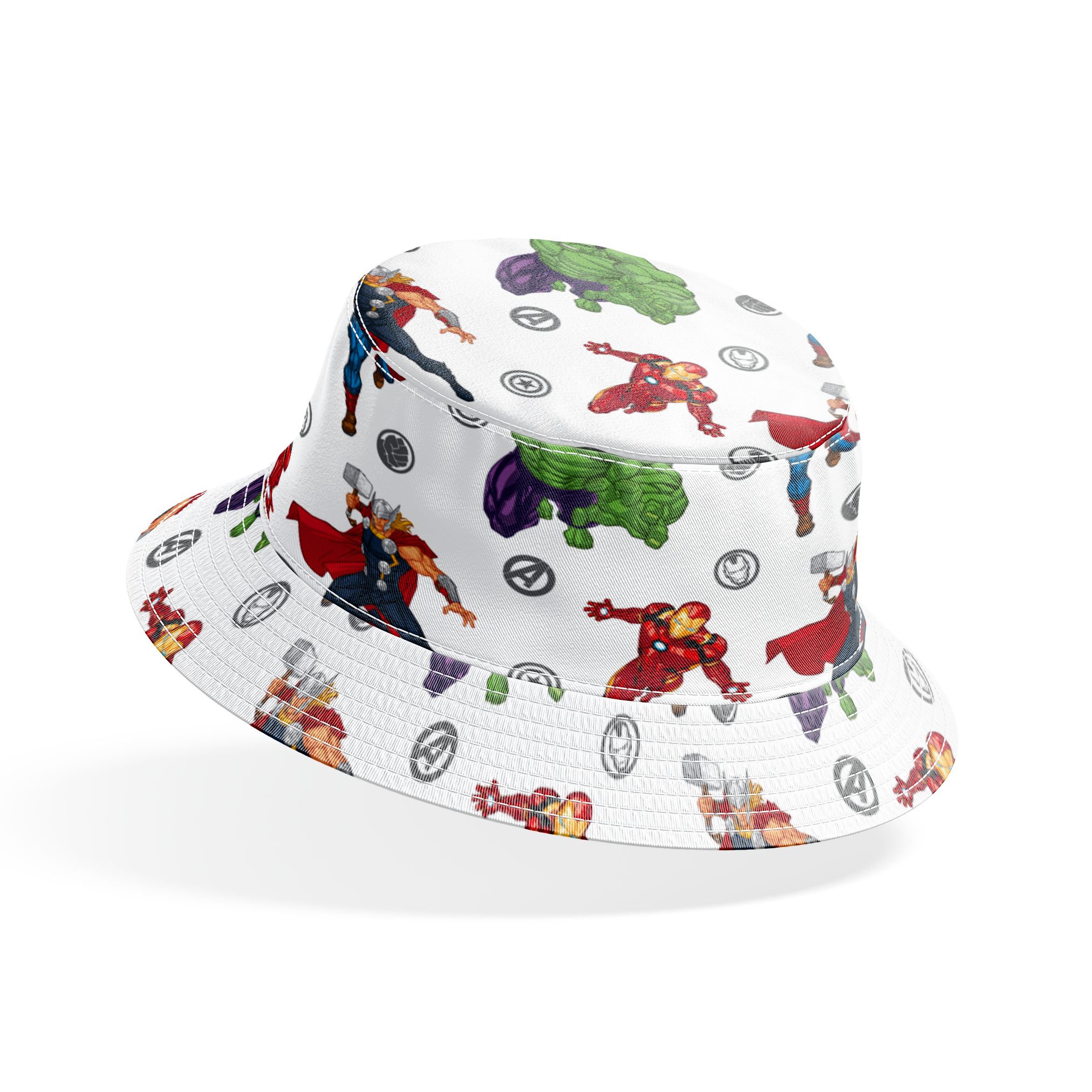Marvel Avengers characters pattern with Hulk, Thor, Iron Man, and Captain America among superhero logos bucket hat mockup