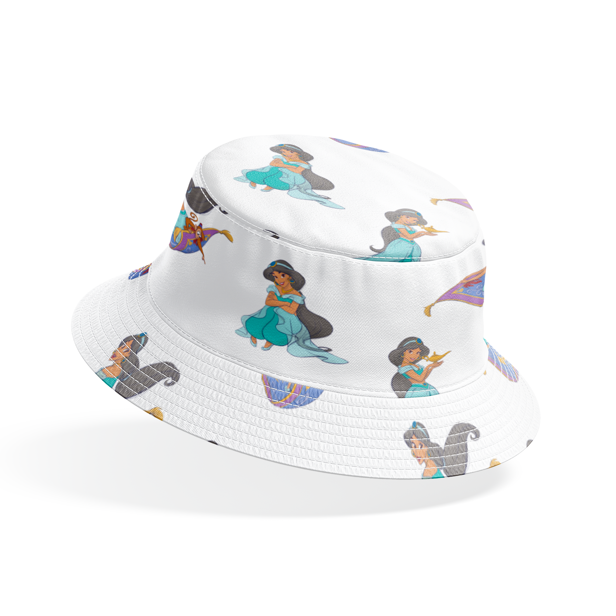 Cartoon pattern featuring a princess in teal outfit with long black hair in various poses with a magic carpet and tiger bucket hat mockup