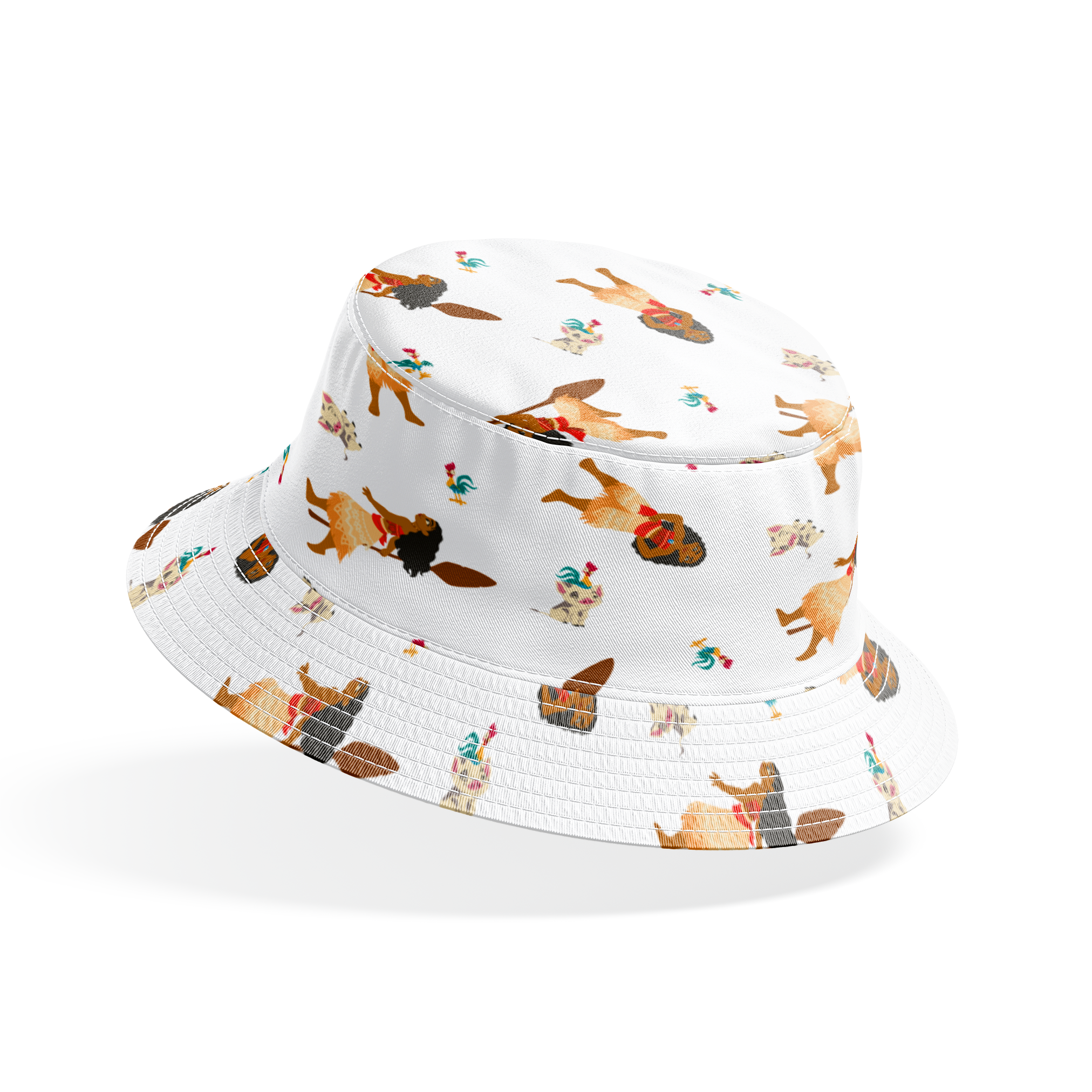 Moana pattern on white background with colorful cartoon animals in repeating design bucket hat mockup