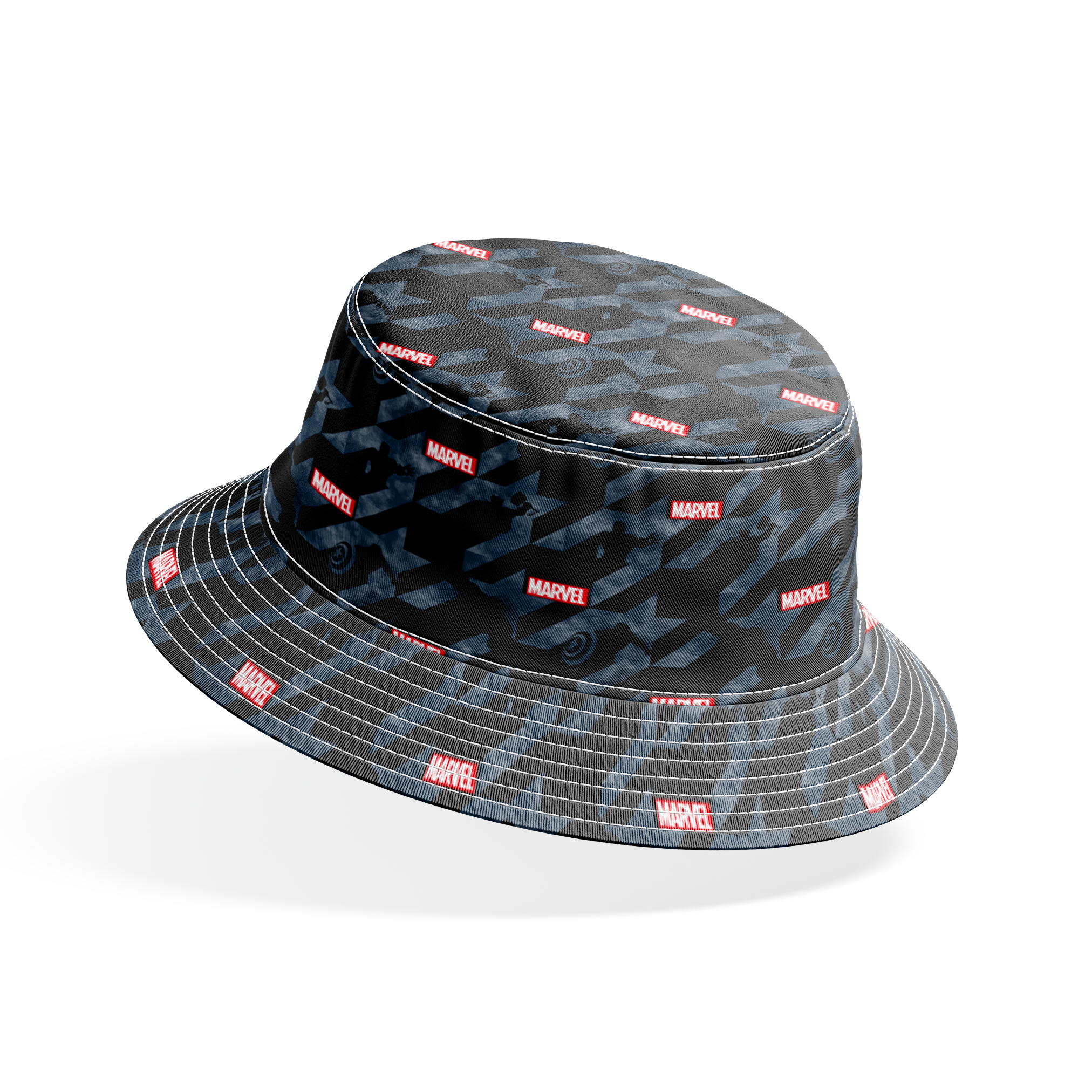 Marvel logo with silhouettes of superheroes against dark gray diagonal stripes background bucket hat mockup